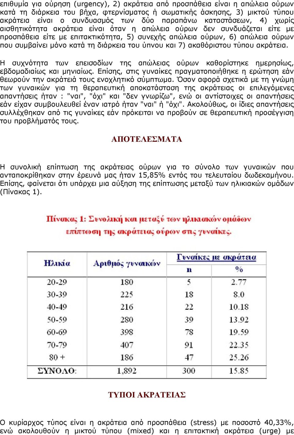 μόνο κατά τη διάρκεια του ύπνου και 7) ακαθόριστου τύπου ακράτεια. Η συχνότητα των επεισοδίων της απώλειας ούρων καθορίστηκε ημερησίως, εβδομαδιαίως και μηνιαίως.