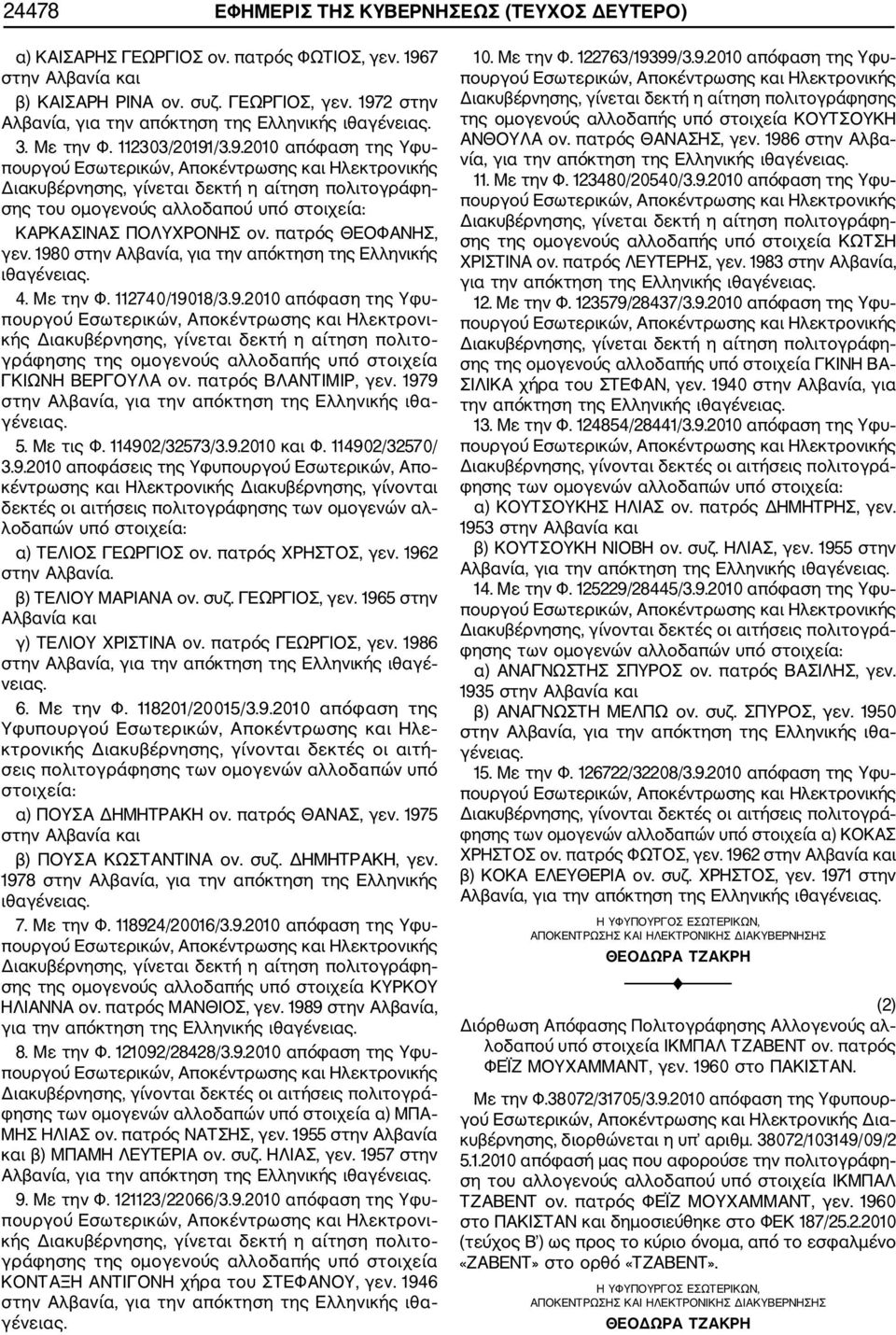 112740/19018/3.9.2010 απόφαση της Υφυ πουργού Εσωτερικών, Αποκέντρωσης και Ηλεκτρονι κής Διακυβέρνησης, γίνεται δεκτή η αίτηση πολιτο γράφησης της ομογενούς αλλοδαπής υπό στοιχεία ΓΚΙΩΝΗ ΒΕΡΓΟΥΛΑ ον.