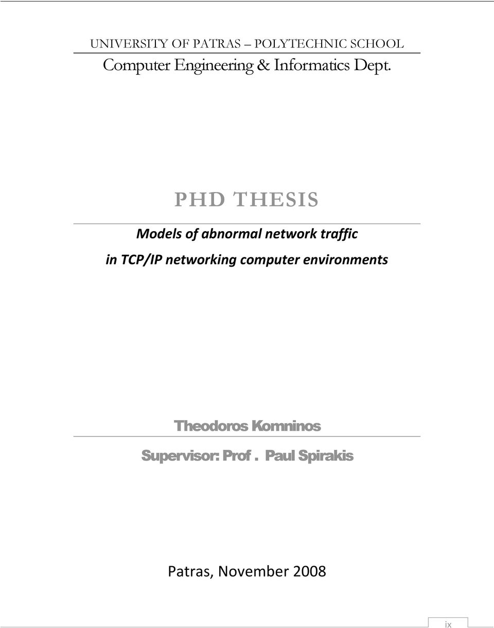 PHD THESIS Models of abnormal network traffic in TCP/IP