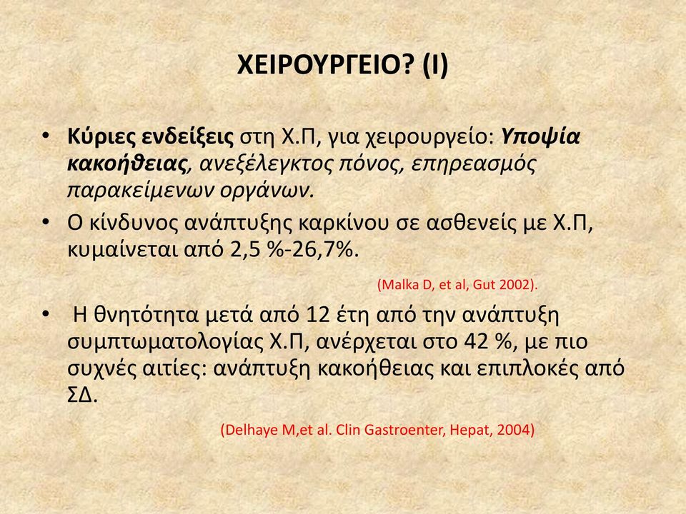 Ο κίνδυνοσ ανάπτυξθσ καρκίνου ςε αςκενείσ με Χ.Π, κυμαίνεται από 2,5 %-26,7%. (Malka D, et al, Gut 2002).