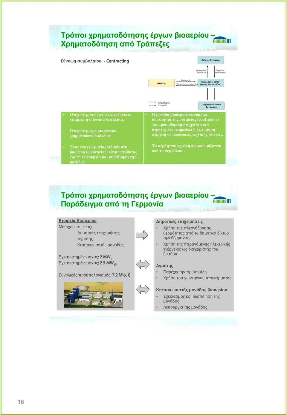 Η µονάδα βιοαερίου παραµένει ιδιοκτησίατηςεταιρείας (contractor) για προκαθορισµένο χρόνο και ο αγρότης δεν επηρεάζει ή έχει µικρή επιρροή σε αποφάσεις τεχνικής φύσεως.