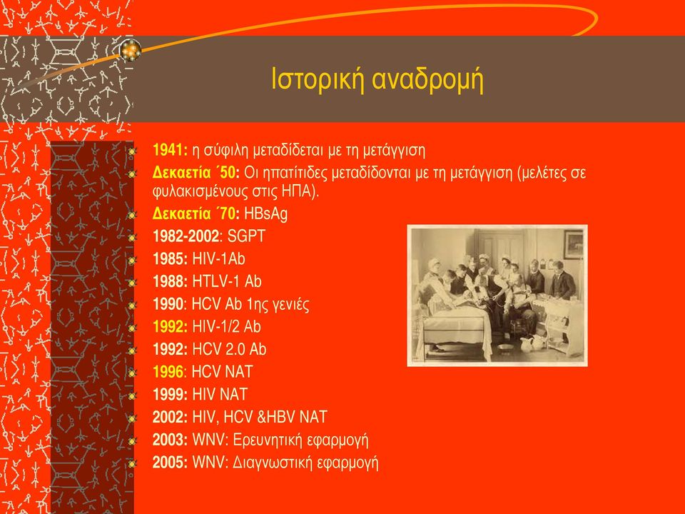 Δεκαετία 70: HBsAg 1982-2002: SGPT 1985: HIV-1Ab 1988: HTLV-1 Ab 1990: HCV Ab 1ης γενιές 1992: