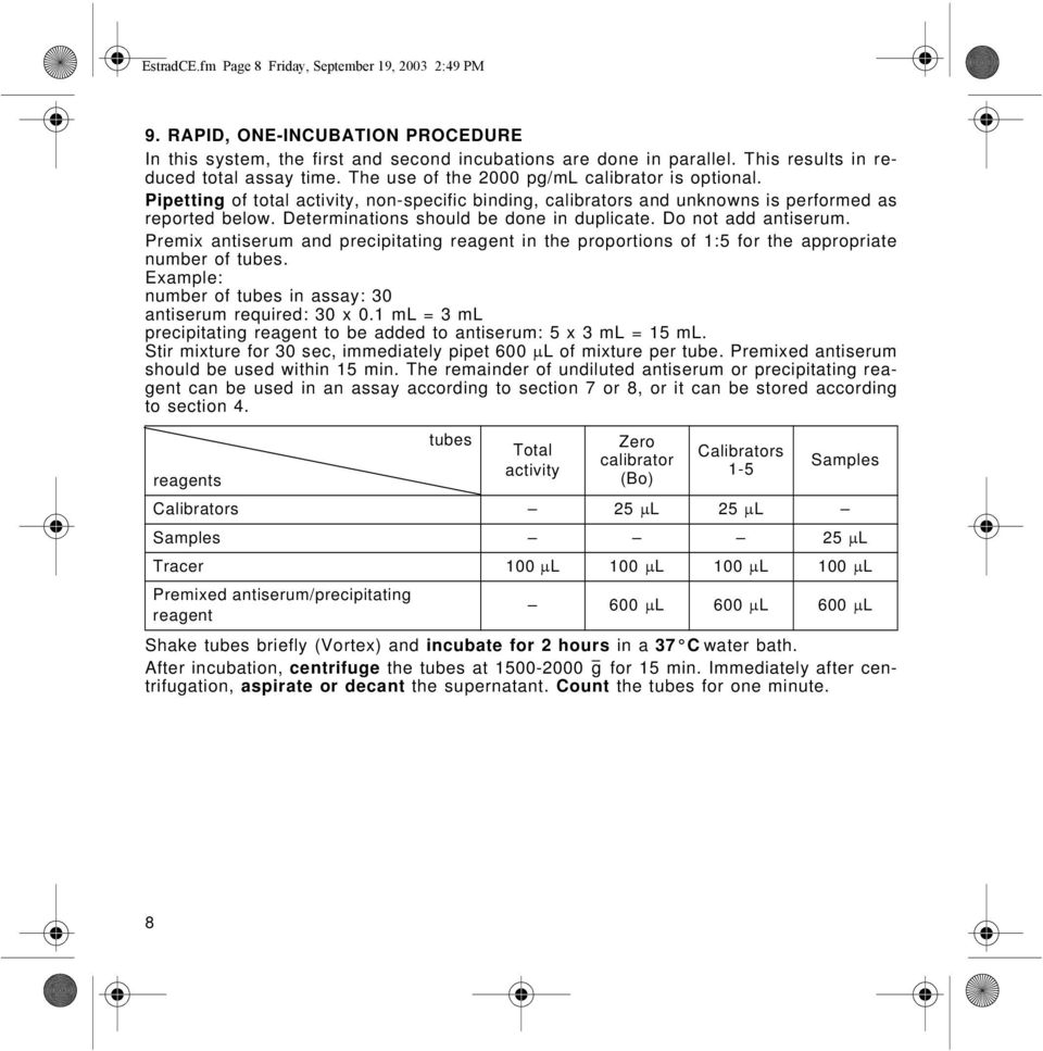 Determinations should be done in duplicate. Do not add antiserum. Premix antiserum and precipitating reagent in the proportions of 1:5 for the appropriate number of tubes.