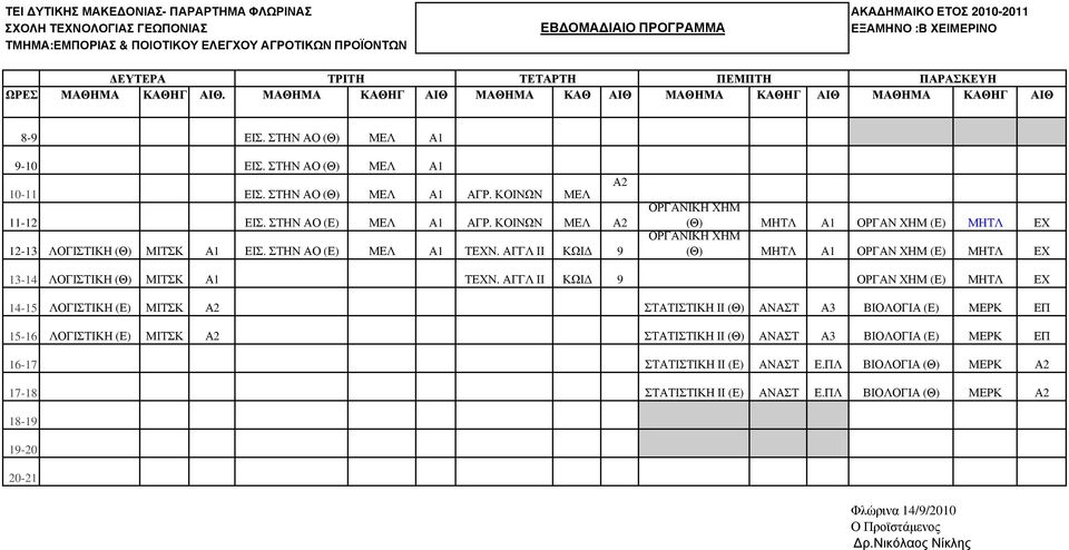 ΑΓΓΛ ΙΙ ΚΩΙ 9 ΟΡΓΑΝΙΚΗ ΧΗΜ (Θ) ΜΗΤΛ Α1 ΟΡΓΑΝ ΧΗΜ ΜΗΤΛ ΕΧ ΟΡΓΑΝΙΚΗ ΧΗΜ (Θ) ΜΗΤΛ Α1 ΟΡΓΑΝ ΧΗΜ ΜΗΤΛ ΕΧ 13-14 ΛΟΓΙΣΤΙΚΗ (Θ) ΜΙΤΣΚ Α1 ΤΕΧΝ.