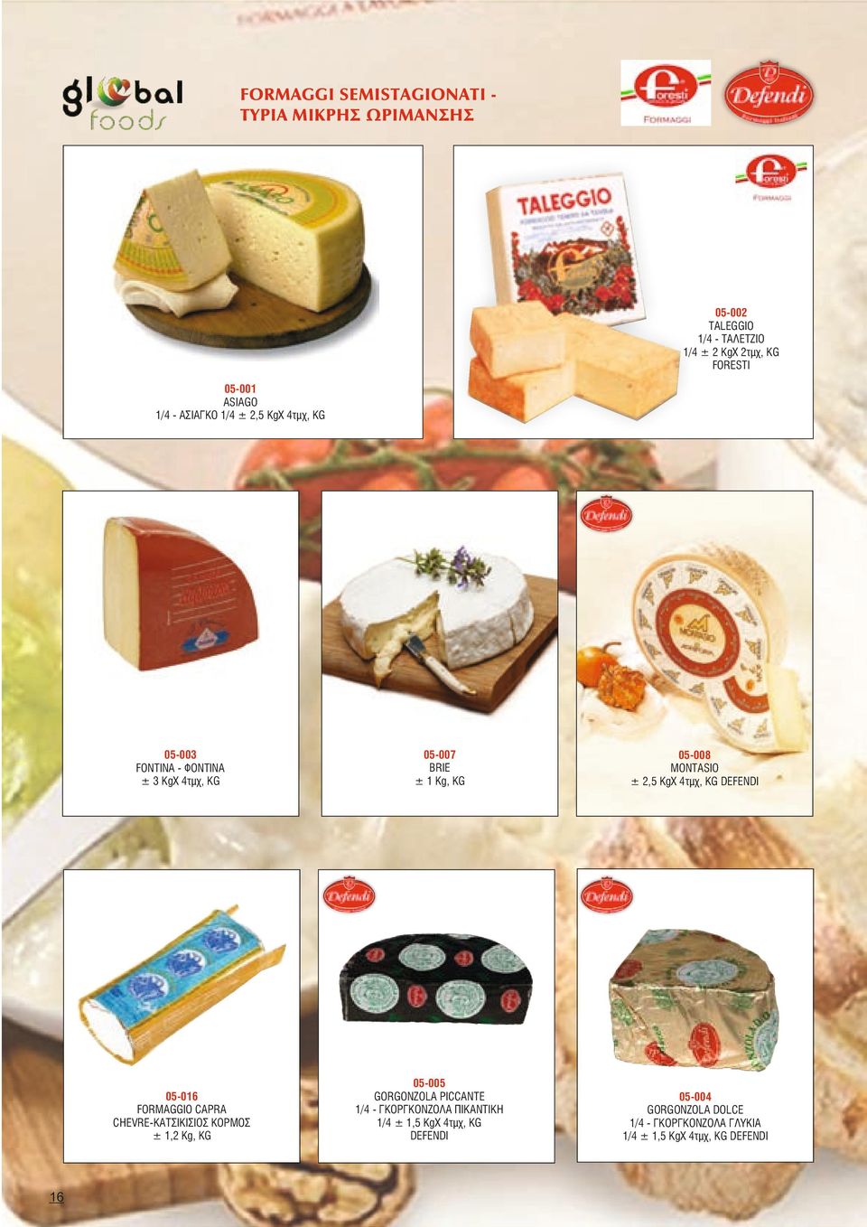 ± 1,2 Kg, KG 16 05-007 BRIE ± 1 Kg, KG 05-005 GORGONZOLA PICCANTE 1/4 - ΓΚΟΡΓΚΟΝΖΟΛΑ ΠΙΚΑΝΤΙΚΗ 1/4 ± 1,5 KgX 4τµχ, KG