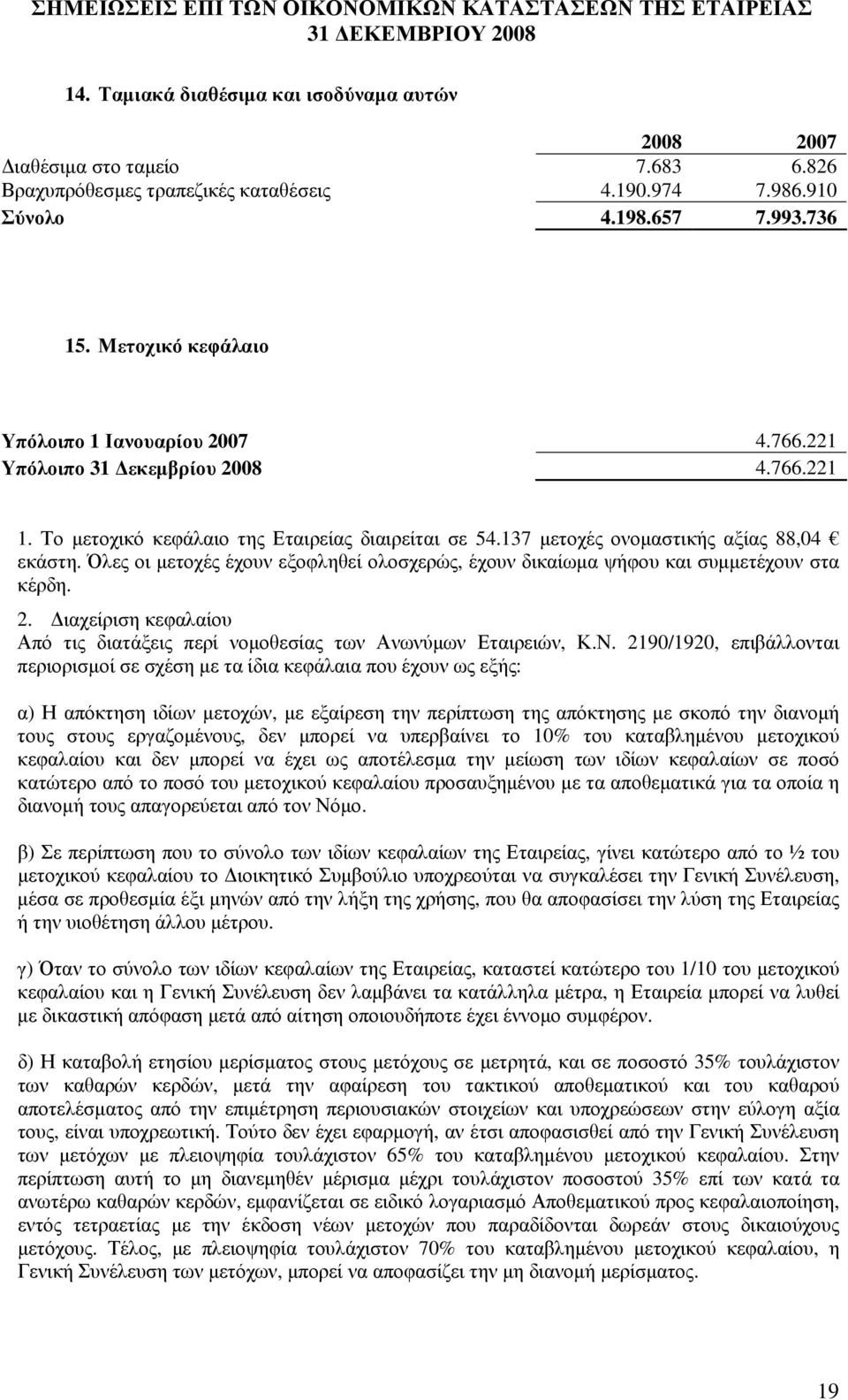 Όλες οι µετοχές έχουν εξοφληθεί ολοσχερώς, έχουν δικαίωµα ψήφου και συµµετέχουν στα κέρδη. 2. ιαχείριση κεφαλαίου Από τις διατάξεις περί νοµοθεσίας των Ανωνύµων Εταιρειών, Κ.Ν.