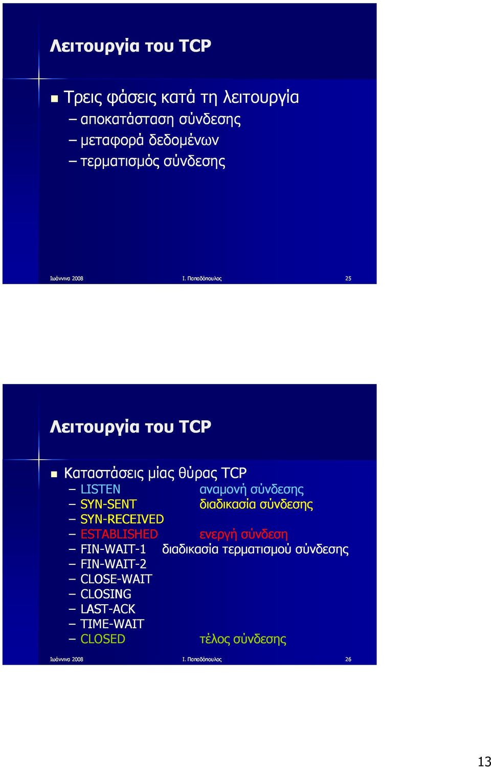 Παπαδόπουλος 25 Λειτουργία του TCP Καταστάσεις μίας θύρας TCP LISTEN αναμονή σύνδεσης SYN-SENTSENT
