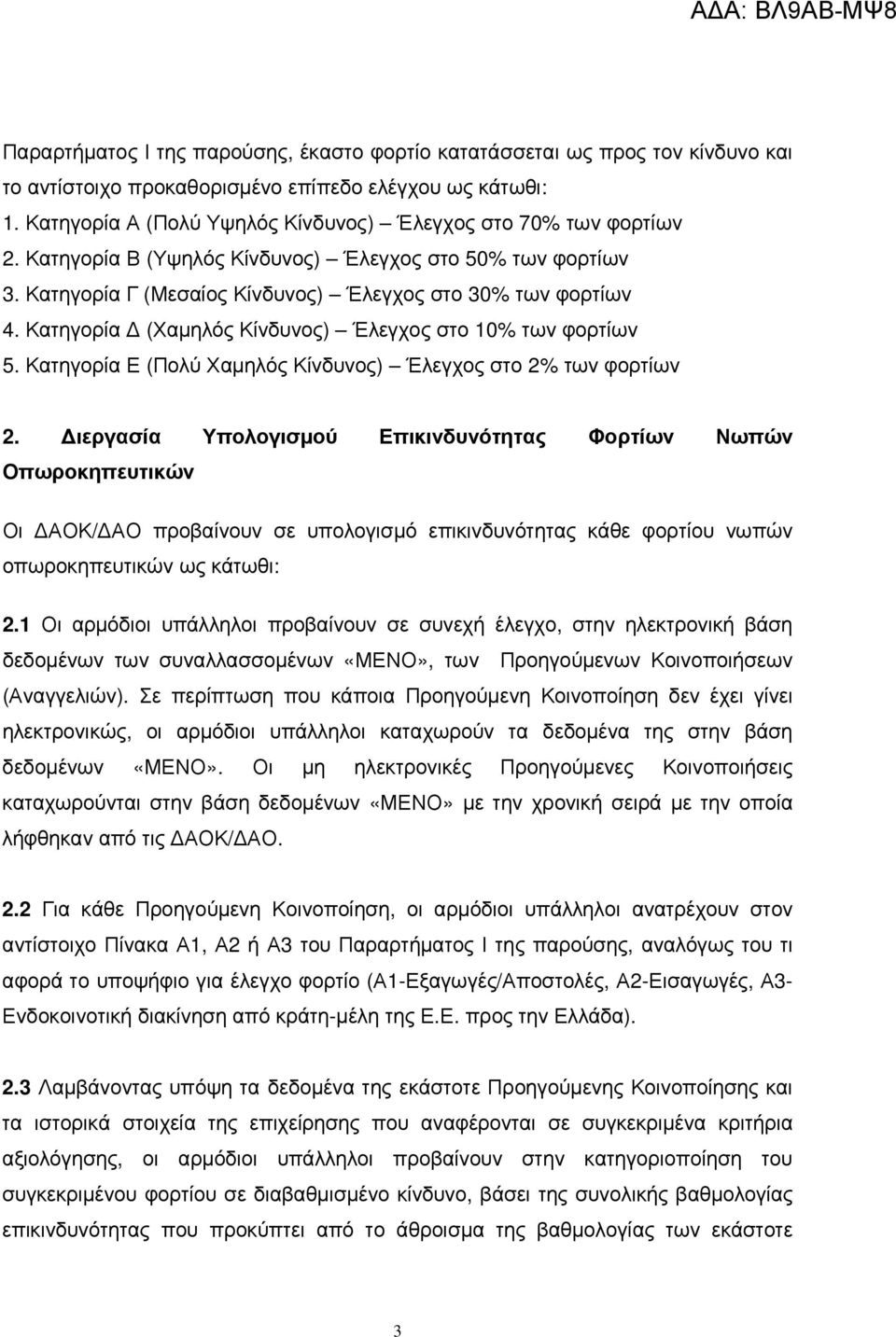 Κατηγορία (Χαµηλός Κίνδυνος) Έλεγχος στο 10% των φορτίων 5. Κατηγορία Ε (Πολύ Χαµηλός Κίνδυνος) Έλεγχος στο 2% των φορτίων 2.