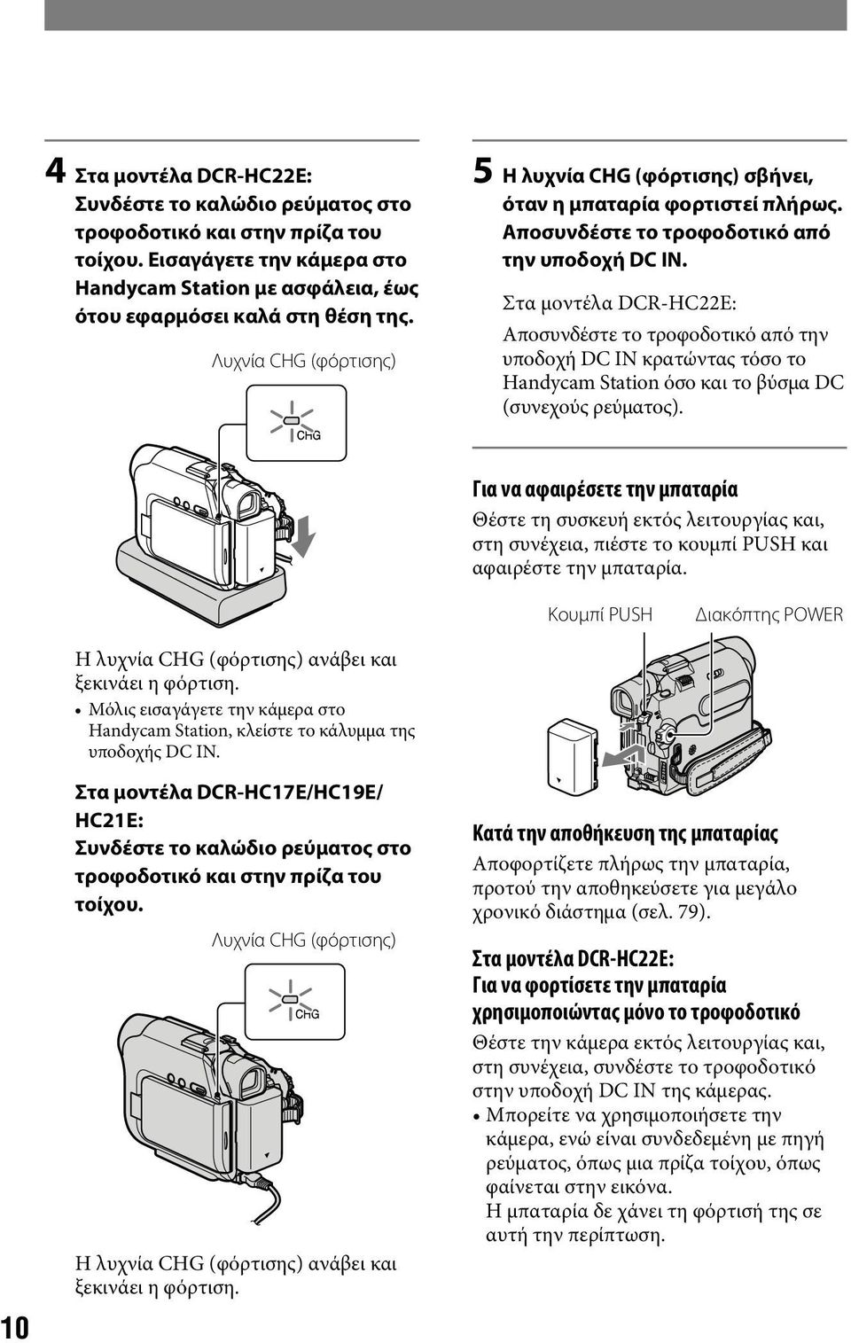 Στα μοντέλα DCR-HC22E: Αποσυνδέστε το τροφοδοτικό από την υποδοχή DC IN κρατώντας τόσο το Handycam Station όσο και το βύσμα DC (συνεχούς ρεύματος).