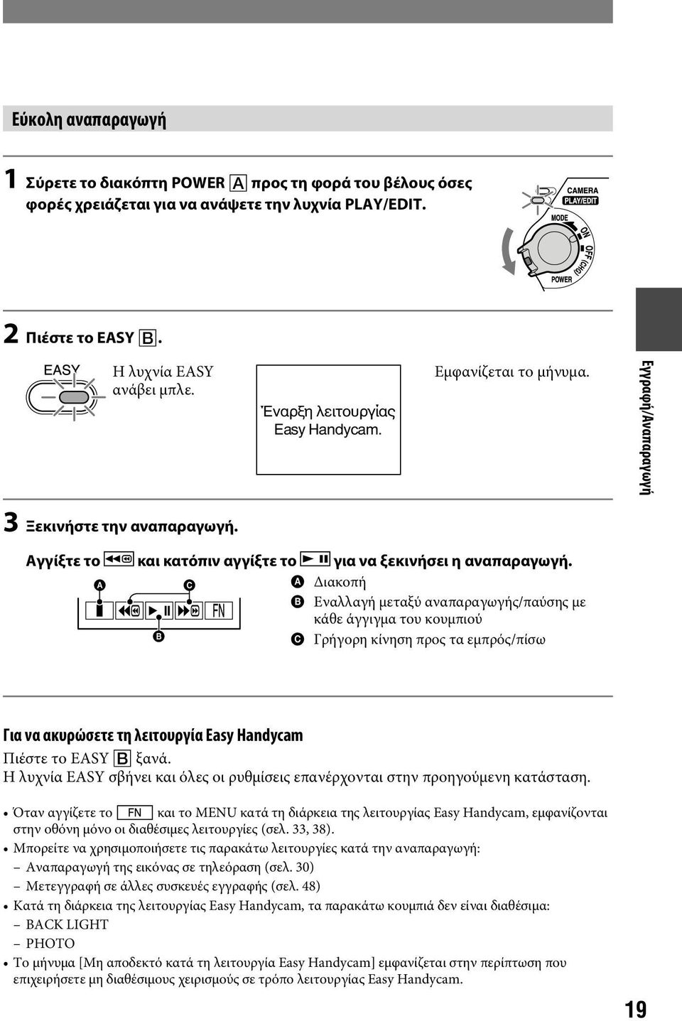 A C Διακοπή Εναλλαγή μεταξύ αναπαραγωγής/παύσης με κάθε άγγιγμα του κουμπιού B Γρήγορη κίνηση προς τα εμπρός/πίσω Για να ακυρώσετε τη λειτουργία Easy Handycam Πιέστε το EASY ξανά.