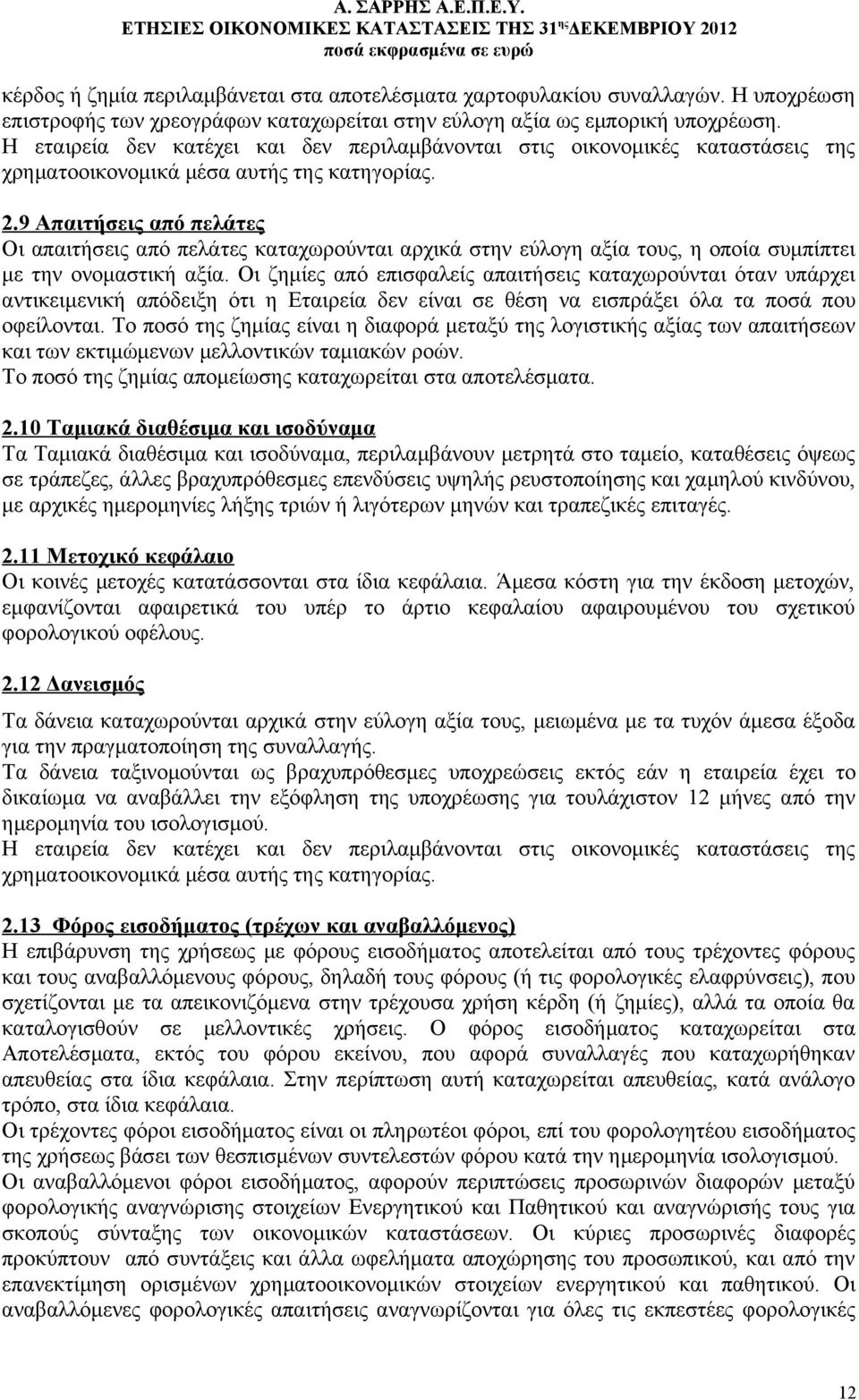 9 Απαιτήσεις από πελάτες Οι απαιτήσεις από πελάτες καταχωρούνται αρχικά στην εύλογη αξία τους, η οποία συμπίπτει με την ονομαστική αξία.