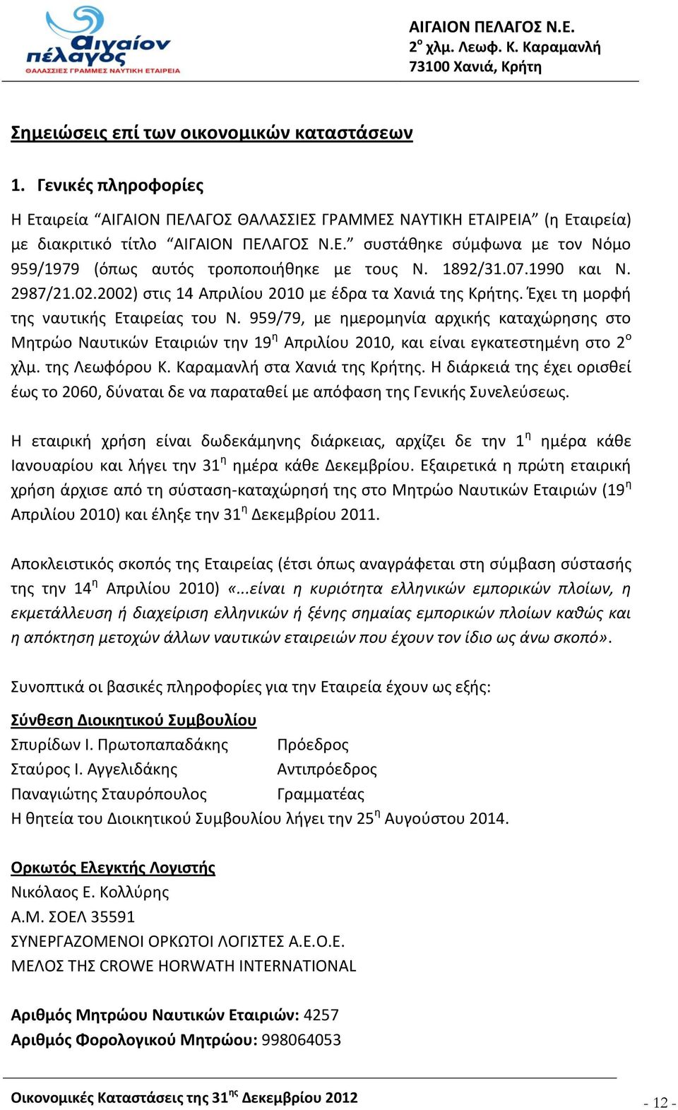 959/79, με ημερομηνία αρχικής καταχώρησης στο Μητρώο Ναυτικών Εταιριών την 19 η Απριλίου 2010, και είναι εγκατεστημένη στο 2 ο χλμ. της Λεωφόρου Κ. Καραμανλή στα Χανιά της Κρήτης.