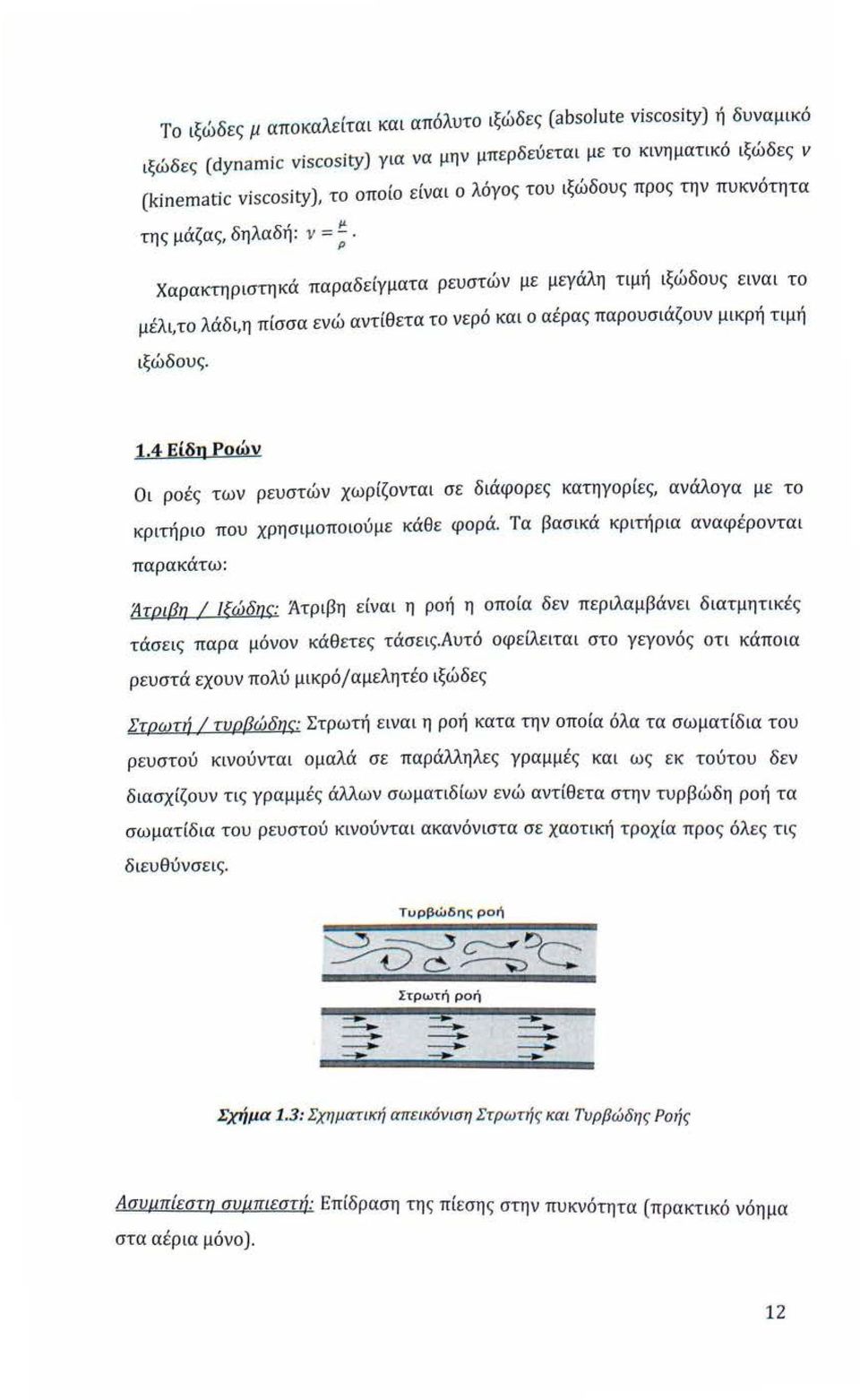 ν =!!:.. ρ Χαρακτηριστηκά παραδείγματα ρευστών με μεγάλη τιμή ιξώδους ειναι το μέλι, το λάδι,η πίσσα ενώ αντίθετα το νερό και ο αέρας παρουσιάζουν μικρή τιμή ιξώδους. 1.