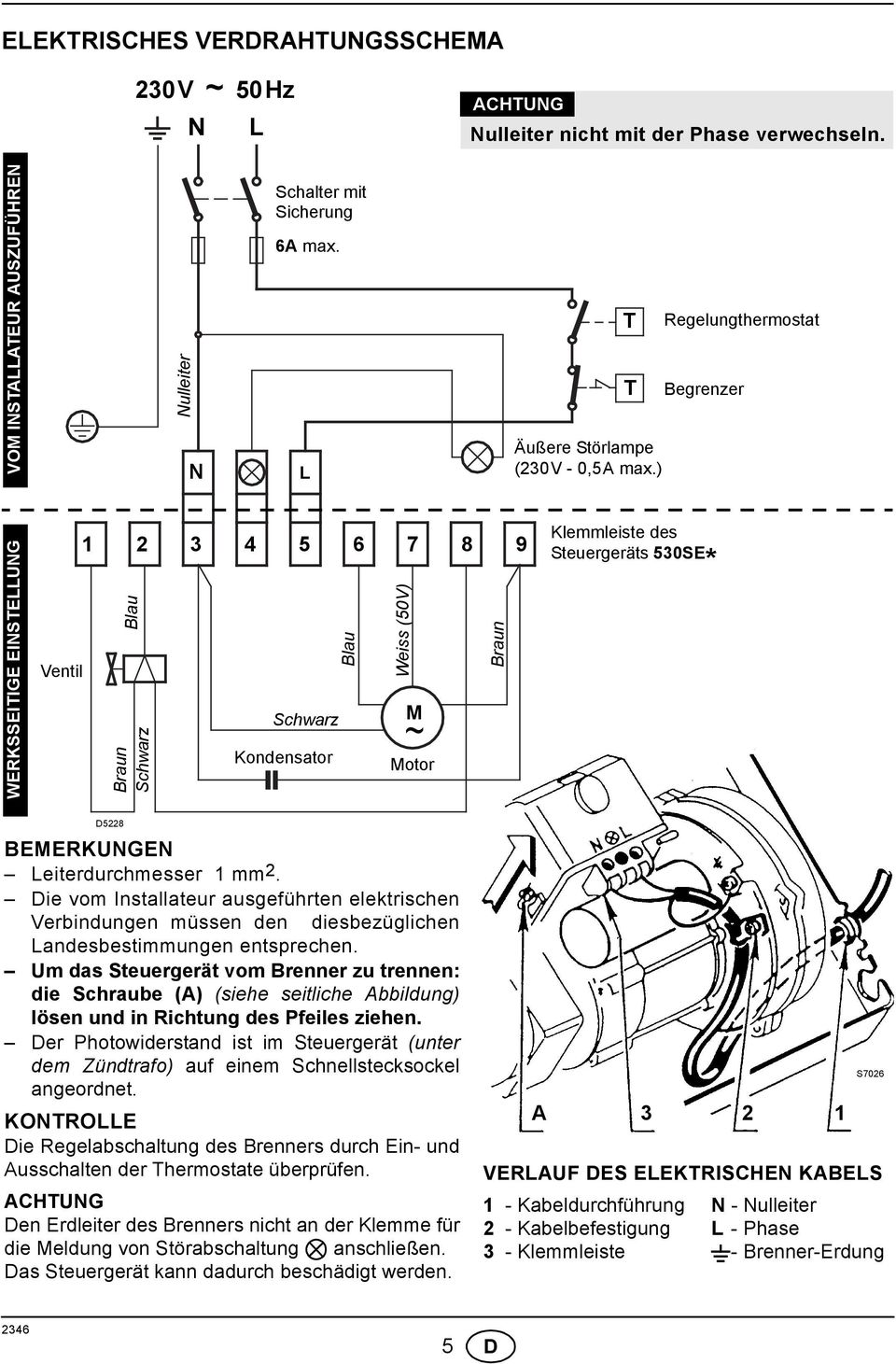 ) Regelungthermostat Begrenzer WERKSSEITIGE EINSTELLUNG Ventil 3 4 5 7 8 9 Blau Blau Weiss (50V) Braun Braun Schwarz Schwarz Kondensator M ~ Motor Klemmleiste des Steuergeräts 530SE * D58 BEMERKUNGEN