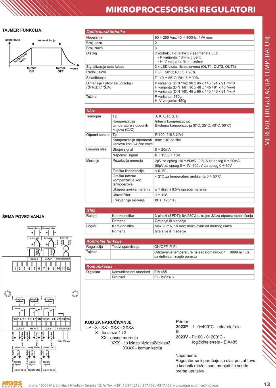 Dimenzije / otvor za ugradnju (ŠxVxD) / (ŠxV) P varijanta: 570g; H, V varijanta: 450g Ulaz Termopar Kompenzacija temperature slobodnih krajeva (CJC) Otporni senzor Linearni ulaz Merenje Kompenzacija