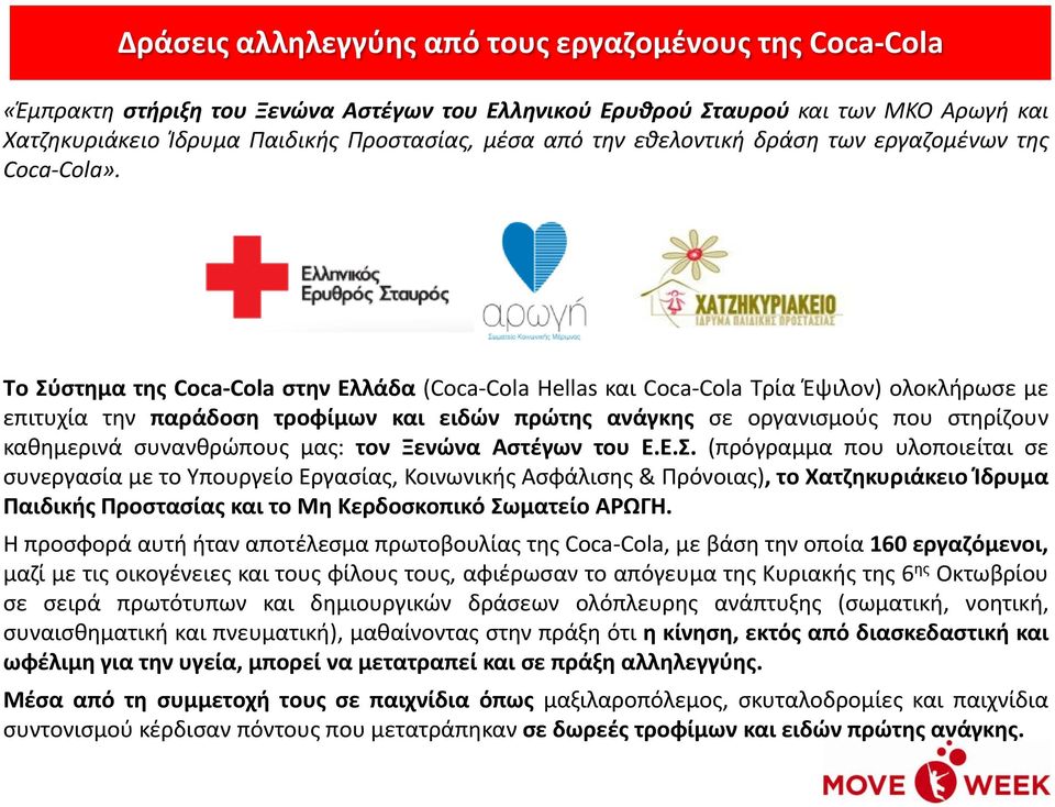 Tο Σύστημα της Coca-Cola στην Ελλάδα (Coca-Cola Hellas και Coca-Cola Τρία Έψιλον) ολοκλήρωσε με επιτυχία την παράδοση τροφίμων και ειδών πρώτης ανάγκης σε οργανισμούς που στηρίζουν καθημερινά