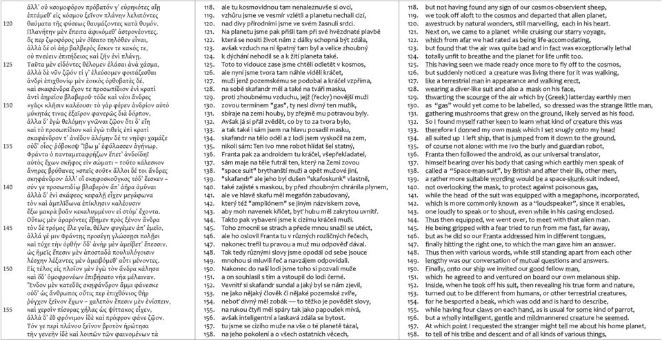 125 Ταῦτα μὲν εἰδόντες θέλομεν ἐλάσαι ἀνὰ χάσμα, ἀλλὰ δὲ νῦν ζῷόν τί γ ἐλεύσομεν φοιτάζεσθαι ἀνδρὶ ἐπιχθονίῳ μὲν ἐοικὸς ὀρθοβατὲς δέ, καὶ σκαφάνδρα ἔχον τε προσωπίδιον ἐνὶ κρατὶ ἀντὶ ἀηρείου βλαβεροῦ