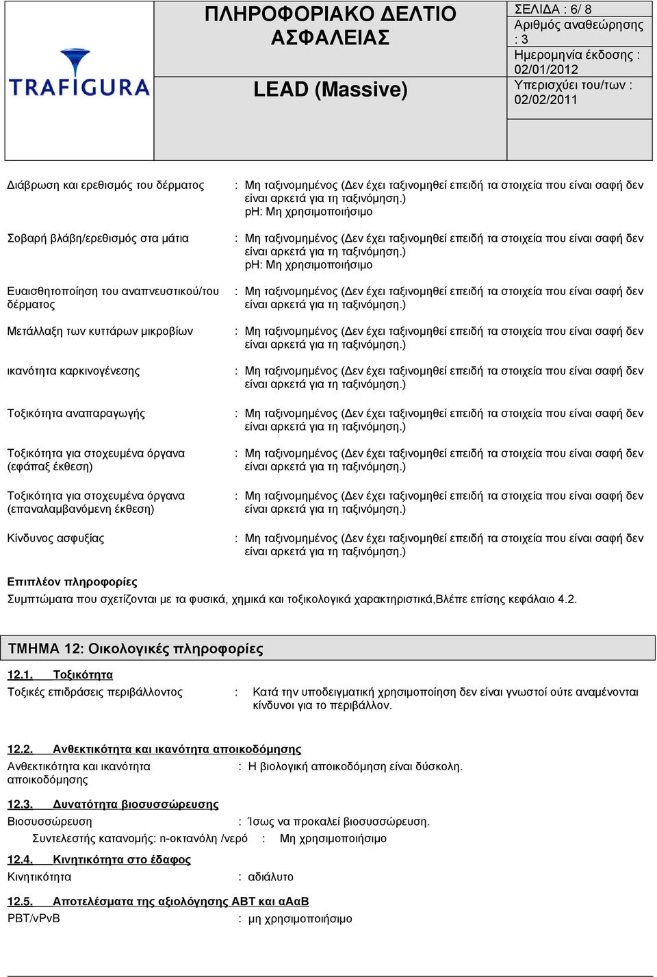 πληροφορίες Συμπτώματα που σχετίζονται με τα φυσικά, χημικά και τοξικολογικά χαρακτηριστικά,βλέπε επίσης κεφάλαιο 4.2. ΤΜΗΜΑ 12