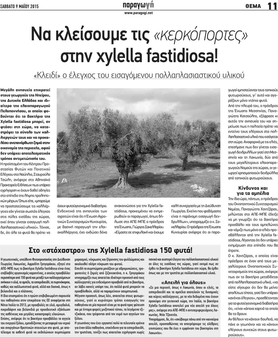 φοβούνται ότι το βακτήριο της Xylella fastidiosa μπορεί, αν φτάσει στη χώρα, να καταστρέψει το σύνολο των καλλιεργειών τους και να προκαλέσει ανεπανόρθωτη ζημιά στην οικονομία της περιοχής, αφού δεν