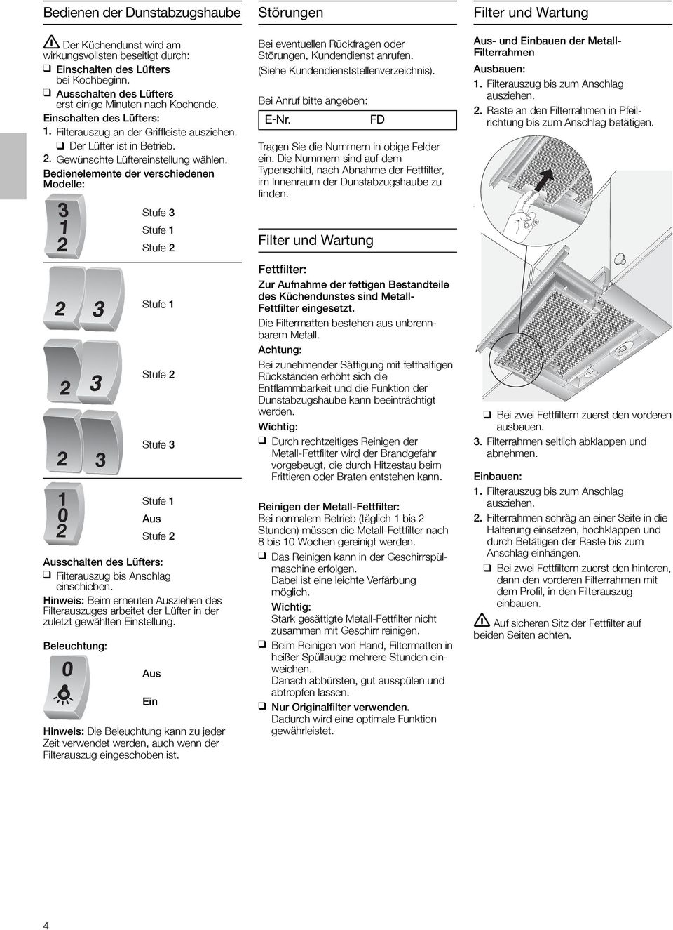Bedienelemente der verschiedenen Modelle: 3 1 1 0 Beleuchtung: 0 3 Stufe 3 Stufe 1 Stufe Stufe 1 Stufe Stufe 3 Stufe 1 Aus Stufe Ausschalten des Lüfters: q Filterauszug bis Anschlag einschieben.