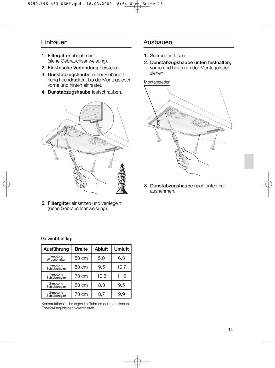 Dunstabzugshaube unten festhalten, vorne und hinten an der Montagefeder ziehen. Montagefeder 3. Dunstabzugshaube nach unten herausnehmen. 5.