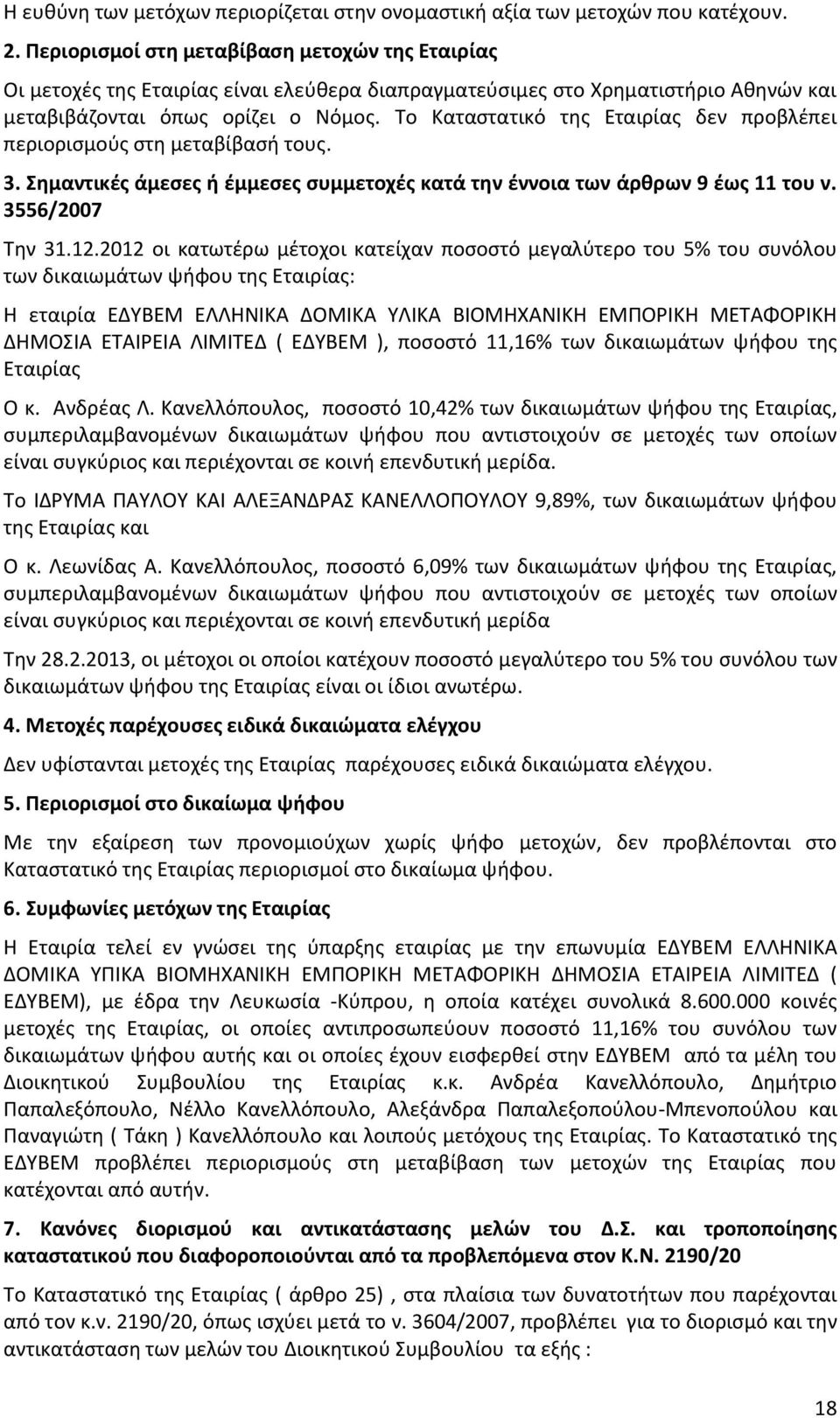 Το Καταςτατικό τθσ Εταιρίασ δεν προβλζπει περιοριςμοφσ ςτθ μεταβίβαςι τουσ. 3. Σημαντικζσ άμεςεσ ή ζμμεςεσ ςυμμετοχζσ κατά την ζννοια των άρθρων 9 ζωσ 11 του ν. 3556/2007 Τθν 31.12.