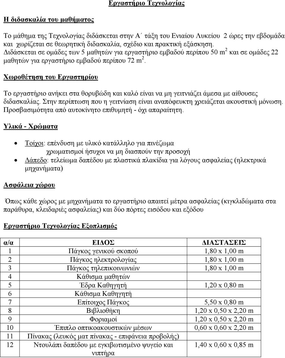 Χωροθέτηση του Εργαστηρίου Το εργαστήριο ανήκει στα θορυβώδη και καλό είναι να µη γειτνιάζει άµεσα µε αίθουσες διδασκαλίας.