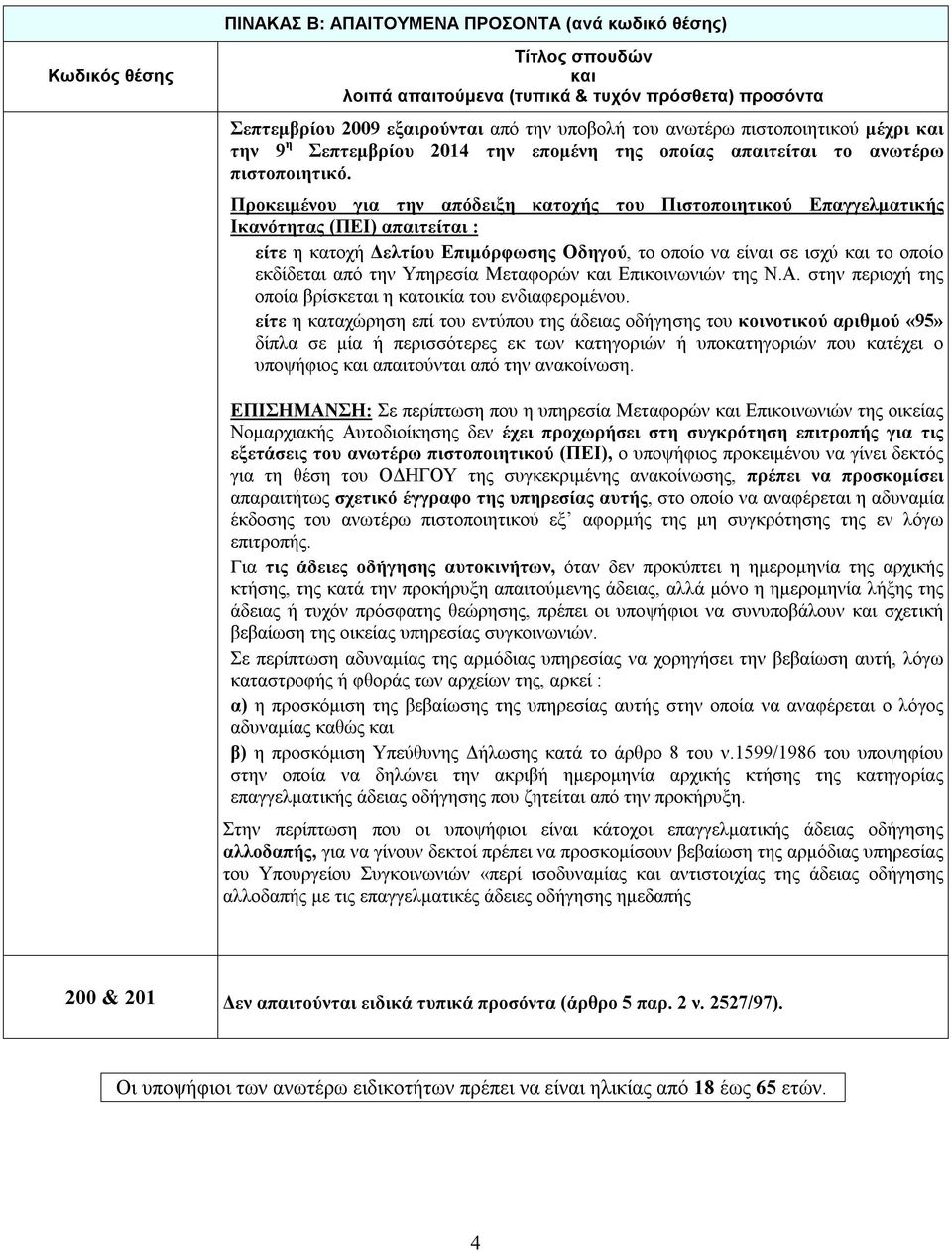 Προκειμένου για την απόδειξη κατοχής του Πιστοποιητικού Επαγγελματικής Ικανότητας (ΠΕΙ) απαιτείται : είτε η κατοχή Δελτίου Επιμόρφωσης Οδηγού, το οποίο να είναι σε ισχύ και το οποίο εκδίδεται από την