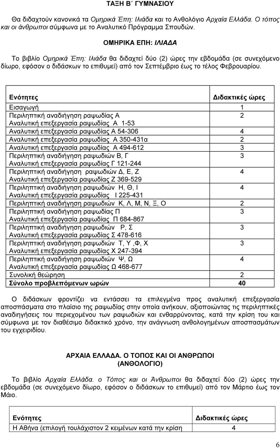 Ενότητες ιδακτικές ώρες Εισαγωγή 1 Περιληπτική αναδιήγηση ραψωδίας Α 2 Αναλυτική επεξεργασία ραψωδίας Α 1-53 Αναλυτική επεξεργασία ραψωδίας Α 54-306 4 Αναλυτική επεξεργασία ραψωδίας Α 350-431α 2