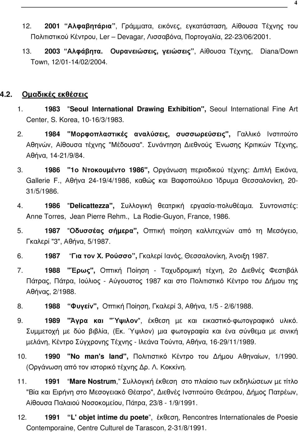 Korea, 10-16/3/1983. 2. 1984 "Μορφοπλαστικές αναλύσεις, συσσωρεύσεις", Γαλλικό Ινστιτούτο Αθηνών, Αίθουσα τέχνης "Μέδουσα". Συνάντηση ιεθνούς Ένωσης Κριτικών Τέχνης, Αθήνα, 14-21/9/84. 3.