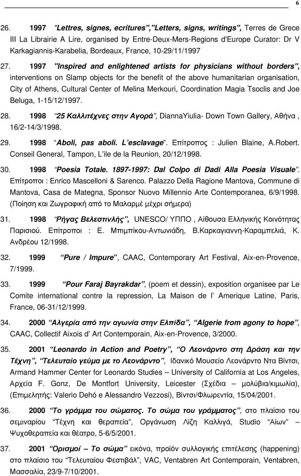 1997 "Inspired and enlightened artists for physicians without borders", interventions on Slamp objects for the benefit of the above humanitarian organisation, City of Athens, Cultural Center of