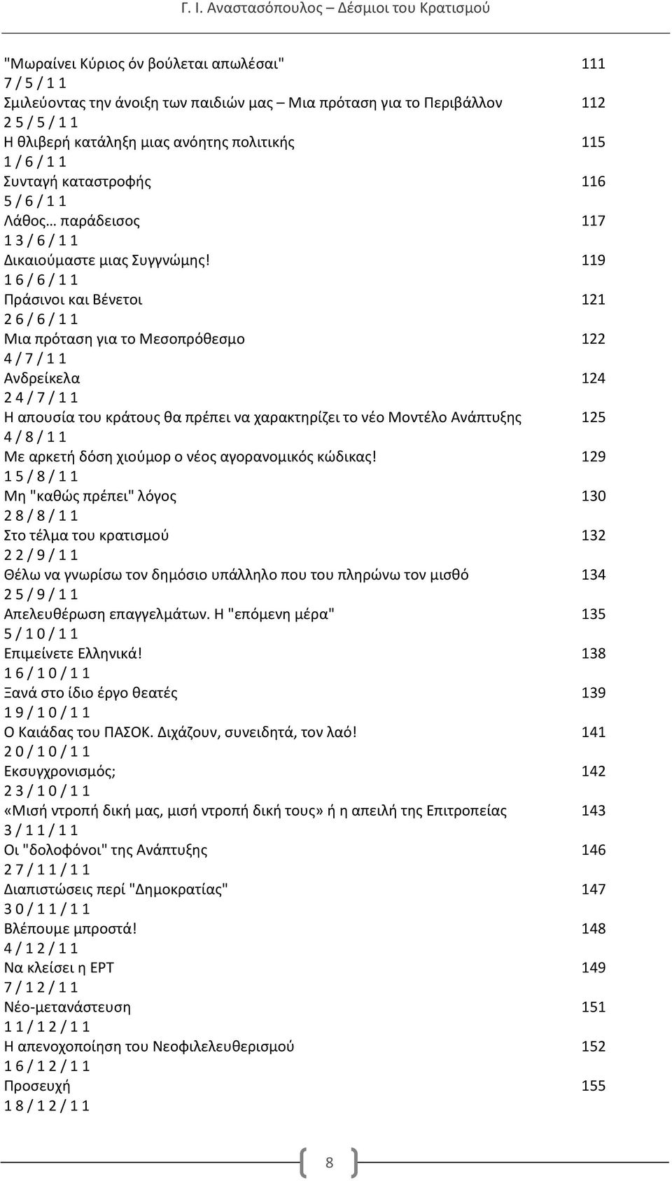 119 16/6/11 Πράσινοι και Βένετοι 121 26/6/11 Μια πρόταση για το Μεσοπρόθεσμο 122 4/7/11 Ανδρείκελα 124 24/7/11 Η απουσία του κράτους θα πρέπει να χαρακτηρίζει το νέο Μοντέλο Ανάπτυξης 125 4/8/11 Με