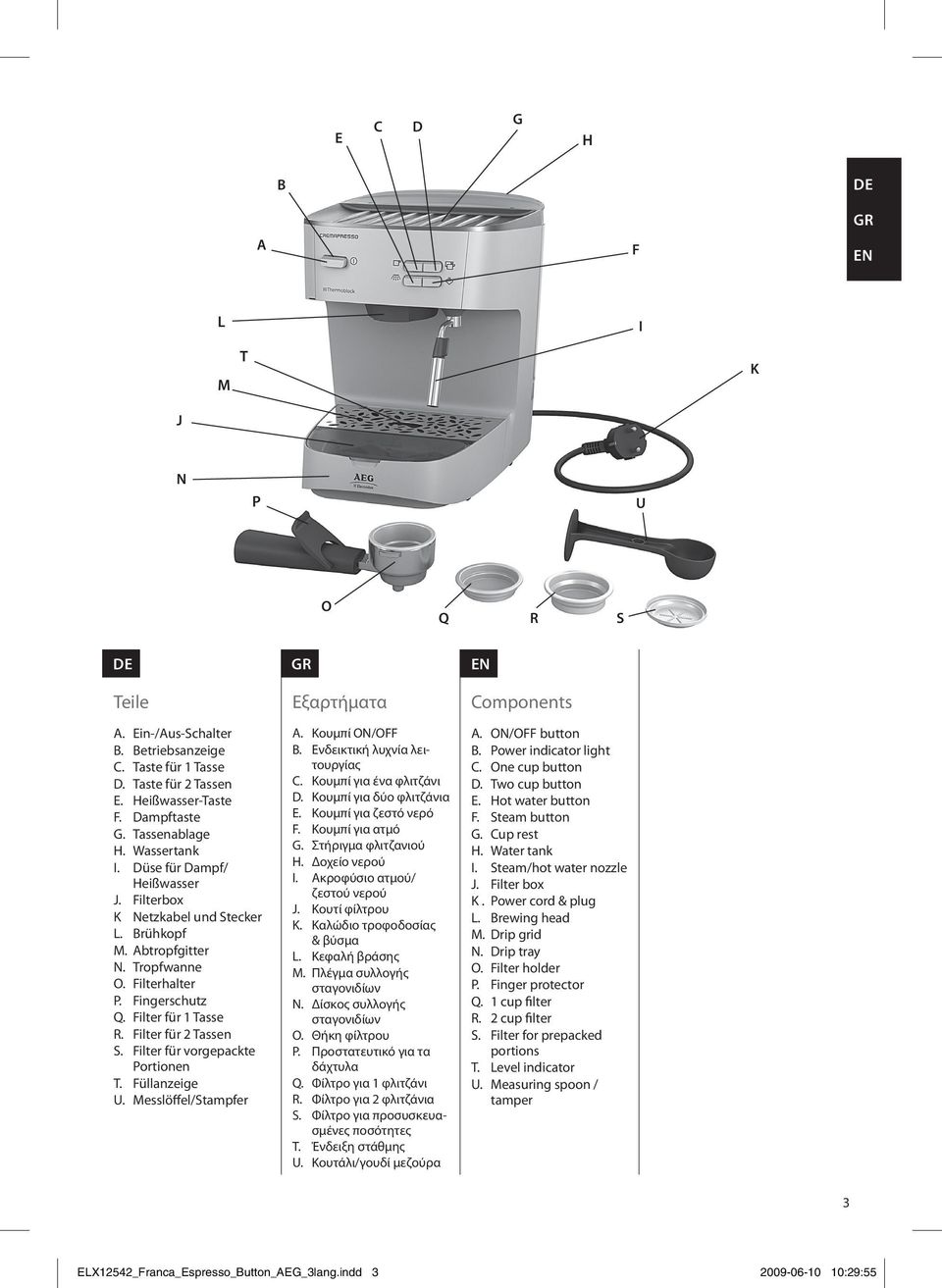 Filter für vorgepackte Portionen T. Füllanzeige U. Messlöffel/Stampfer Εξαρτήματα A. Κουμπί ON/OFF B. Ενδεικτική λυχνία λειτουργίας C. Κουμπί για ένα φλιτζάνι D. Κουμπί για δύο φλιτζάνια E.