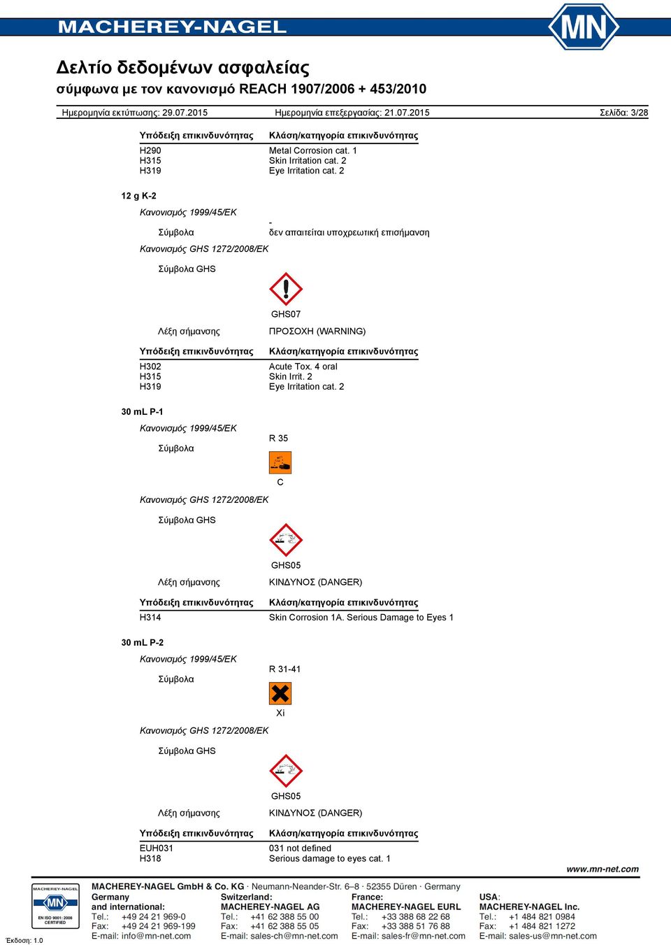 2 H319 Eye Irritation cat. 2 30 ml P1 R 35 C GHS GHS05 Λέξη σήμανσης ΚΙΝΔΥΝΟΣ (DANGER) Υπόδειξη επικινδυνότητας Κλάση/κατηγορία επικινδυνότητας H314 Skin Corrosion 1A.