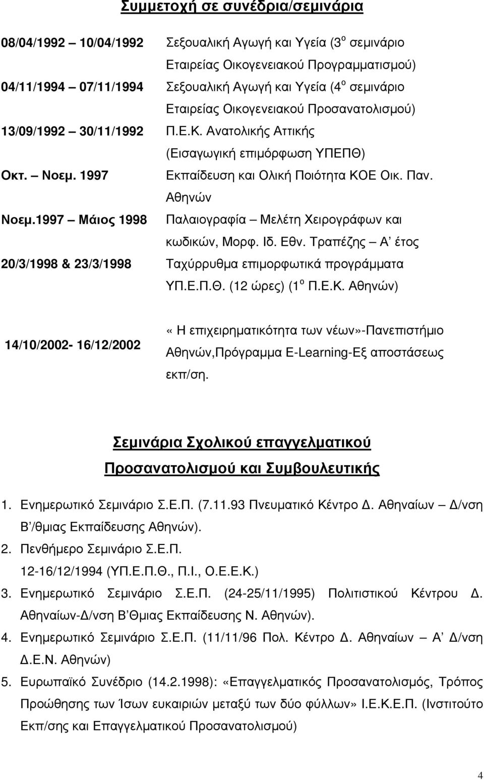 Προσανατολισμού) Π.Ε.Κ. Ανατολικής Αττικής (Εισαγωγική επιμόρφωση ΥΠΕΠΘ) Εκπαίδευση και Ολική Ποιότητα ΚΟΕ Οικ. Παν. Αθηνών Παλαιογραφία Μελέτη Χειρογράφων και κωδικών, Μορφ. Ιδ. Εθν.