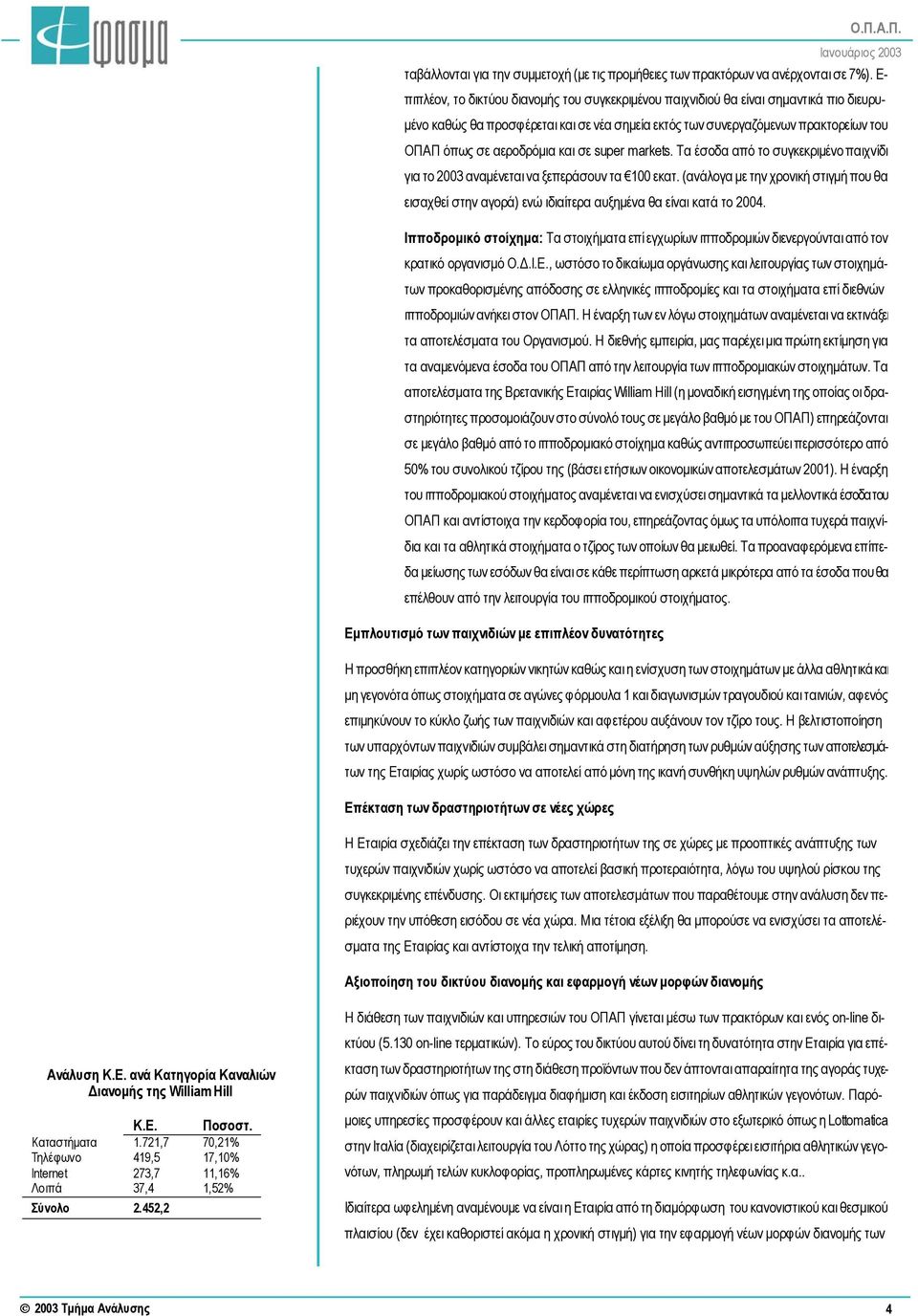 αεροδρόµια και σε super markets. Τα έσοδα από το συγκεκριµένο παιχνίδι για το 2003 αναµένεται να ξεπεράσουν τα 100 εκατ.