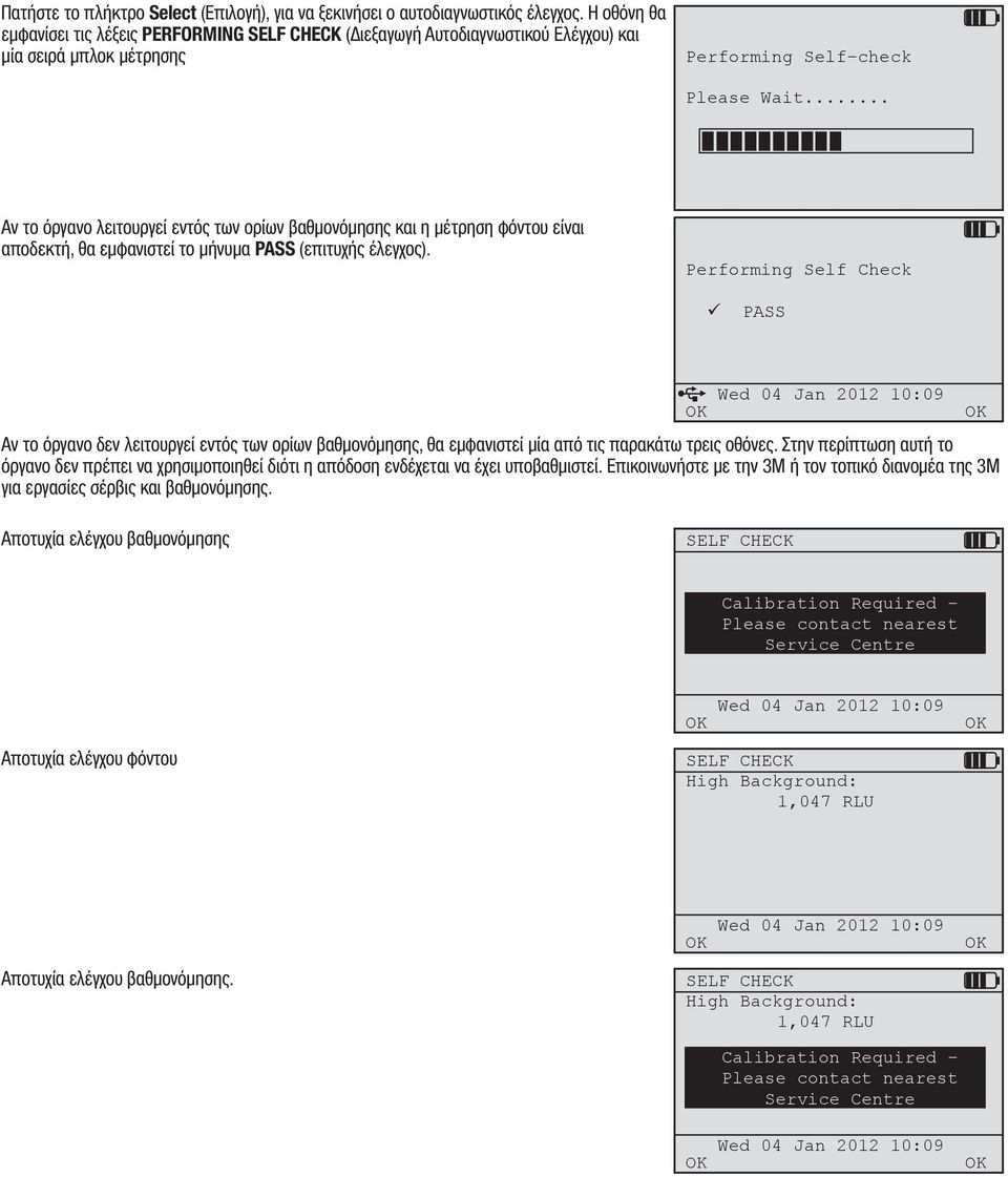 .. Αν το όργανο λειτουργεί εντός των ορίων βαθμονόμησης και η μέτρηση φόντου είναι αποδεκτή, θα εμφανιστεί το μήνυμα PASS (επιτυχής έλεγχος).