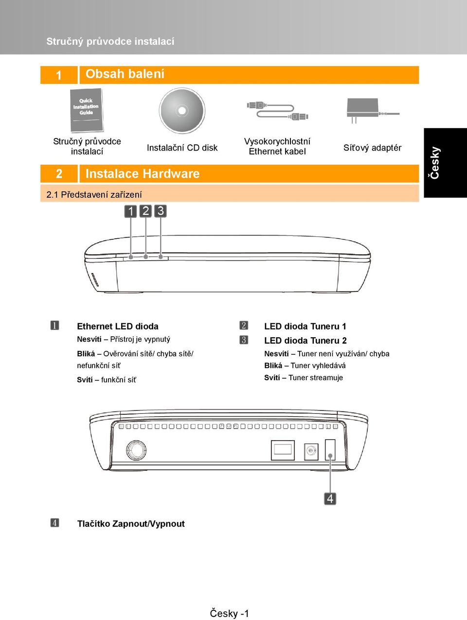 1 Představení zařízení Ethernet LED dioda LED dioda Tuneru 1 Nesvítí Přístroj je vypnutý LED dioda Tuneru 2 Bliká