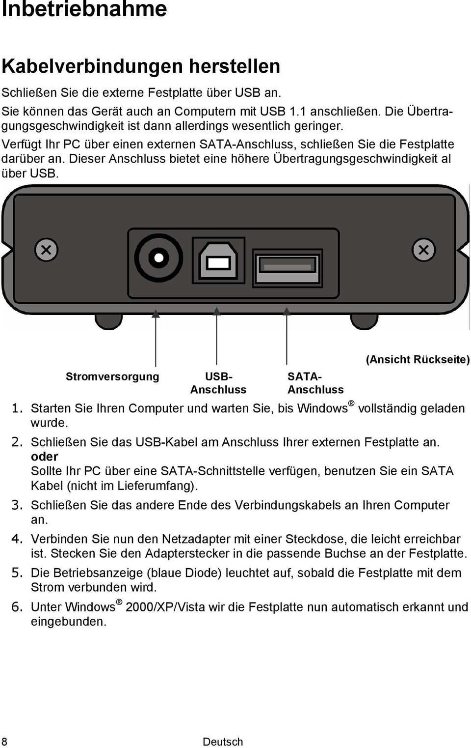Dieser Anschluss bietet eine höhere Übertragungsgeschwindigkeit al über USB. (Ansicht Rückseite) Stromversorgung USB- SATA- Anschluss Anschluss 1.