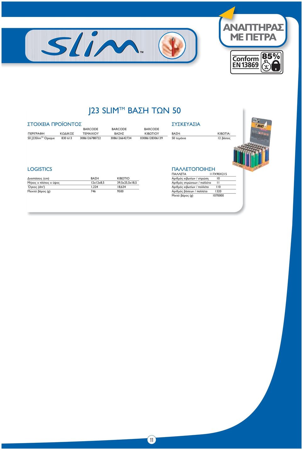 ΤΙΟ Μ κος x πλ τος x ύψος 12x12x8,5 39,5x25,5x18,5 γκος (dm 3 ) 1,224 18,634 Μεικτό β ρος (g) 746 9500 ΠΑΛΛΕΤΟΠΟΙΗΣΗ ΠΑΛΛΕΤΑ 117X90X215