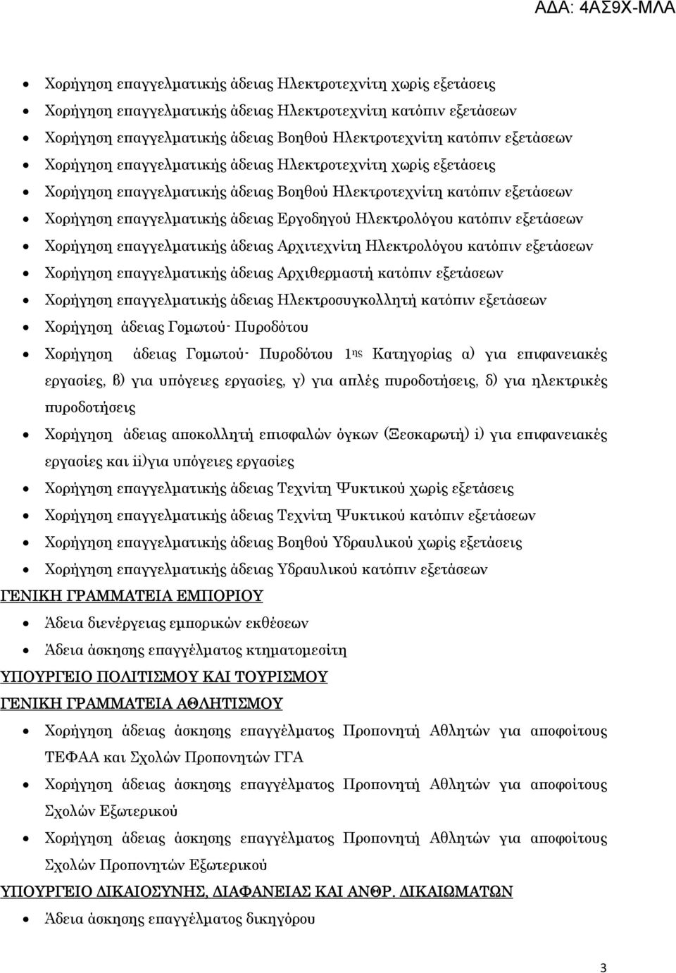 εξετάσεων Χορήγηση επαγγελµατικής άδειας Αρχιτεχνίτη Ηλεκτρολόγου κατόπιν εξετάσεων Χορήγηση επαγγελµατικής άδειας Αρχιθερµαστή κατόπιν εξετάσεων Χορήγηση επαγγελµατικής άδειας Ηλεκτροσυγκολλητή