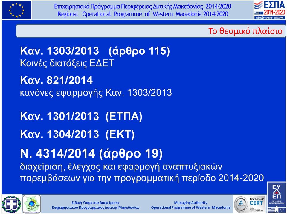 1304/2013 (ΕΚΤ) Το θεσμικό πλαίσιο Ν.