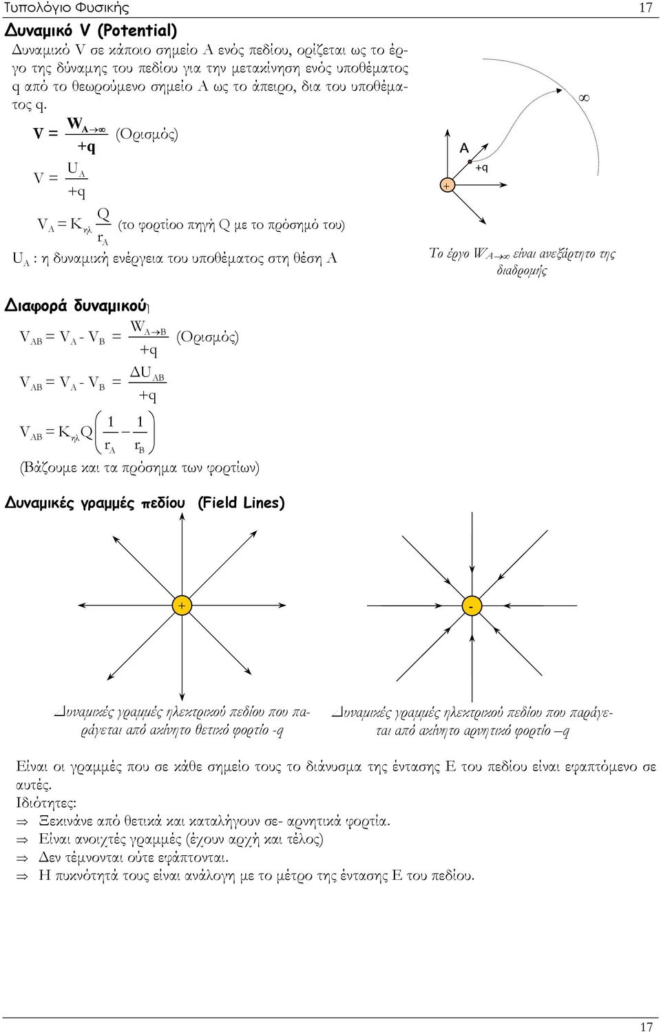 W A V = (Ορισμός) +q UΑ V = +q Q V A = K ηλ (τo φορτίοo πηγή Q με τo πρόσημό του) r A + Α +q U A : η δυναμική ενέργεια του υποθέματος στη θέση Α Το έργο W A είναι ανεξάρτητο της διαδρομής ιαφορά