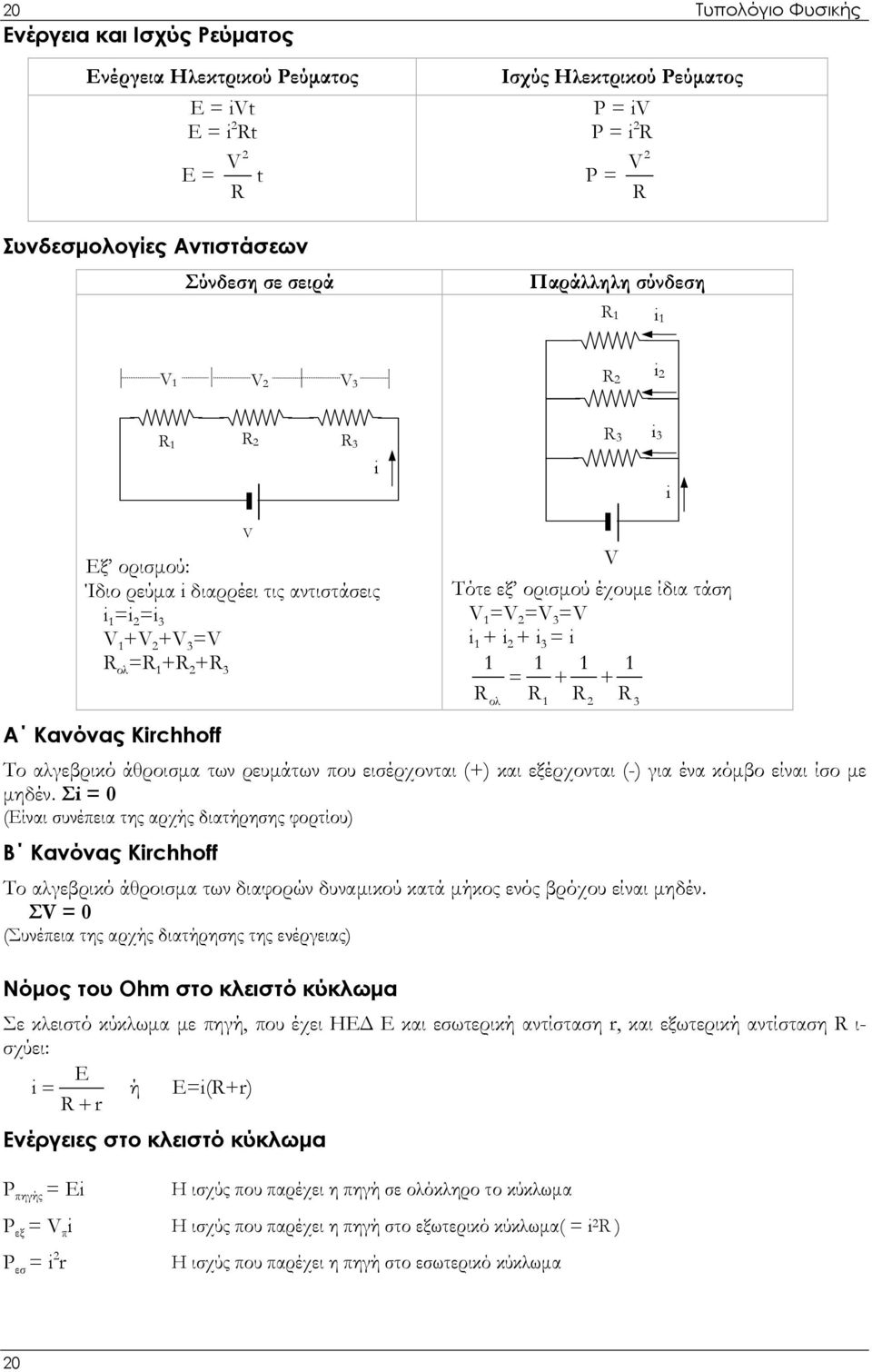 =V =V 3 =V i 1 + i + i 3 = i 1 1 1 1 = + + R R R R ολ 1 3 Α Κανόνας Kirchhoff Το αλγεβρικό άθροισμα των ρευμάτων που εισέρχονται (+) και εξέρχονται (-) για ένα κόμβο είναι ίσο με μηδέν.