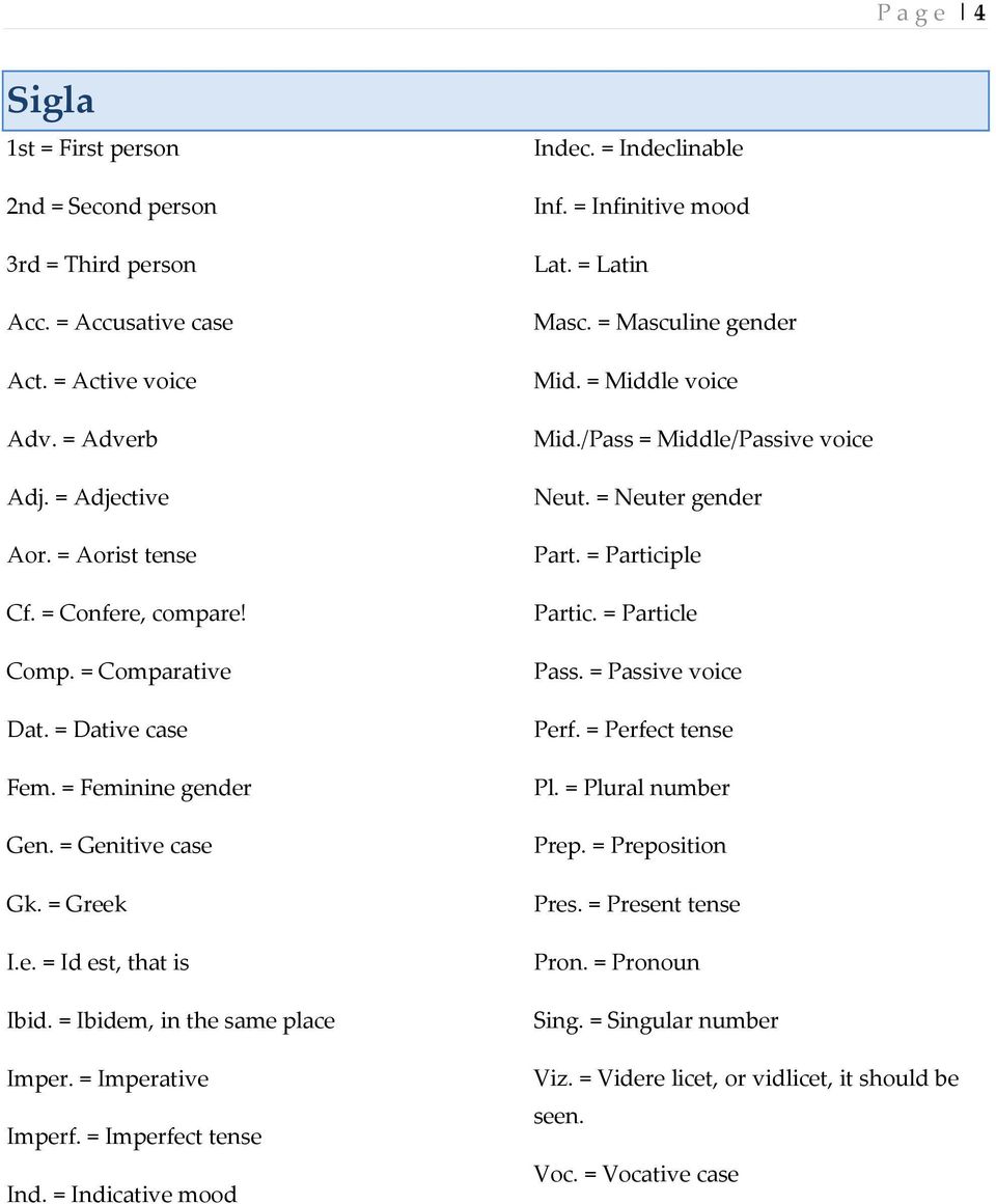 = Indicative mood Indec. = Indeclinable Inf. = Infinitive mood Lat. = Latin Masc. = Masculine gender Mid. = Middle voice Mid./Pass = Middle/Passive voice Neut. = Neuter gender Part.