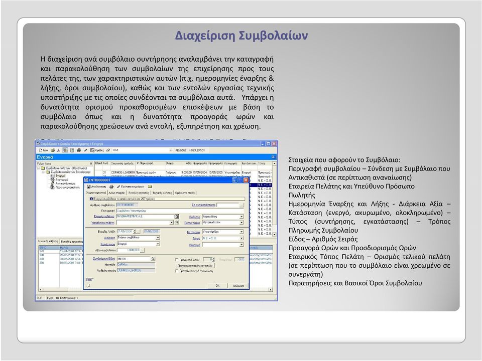 Στοιχεία που αφορούν το Συμβόλαιο: Περιγραφή συμβολαίου Σύνδεση με Συμβόλαιο που Αντικαθιστά (σε περίπτωση αναναίωσης) Εταιρεία Πελάτης και Υπεύθυνο Πρόσωπο Πωλητής Ημερομηνία Έναρξης και Λήξης