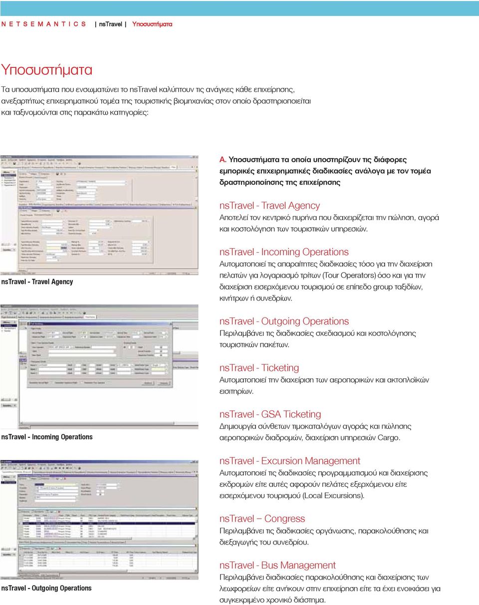 Υποσυστήματα τα οποία υποστηρίζουν τις διάφορες εμπορικές επιχειρηματικές διαδικασίες ανάλογα με τον τομέα δραστηριοποίησης της επιχείρησης nstravel - Travel Agency Αποτελεί τον κεντρικό πυρήνα που