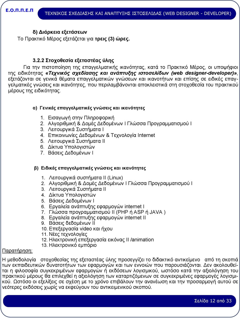 designer-developer)», εξετάζονται σε γενικά θέματα επαγγελματικών γνώσεων και ικανοτήτων και επίσης σε ειδικές επαγγελματικές γνώσεις και ικανότητες, που περιλαμβάνονται αποκλειστικά στη στοχοθεσία