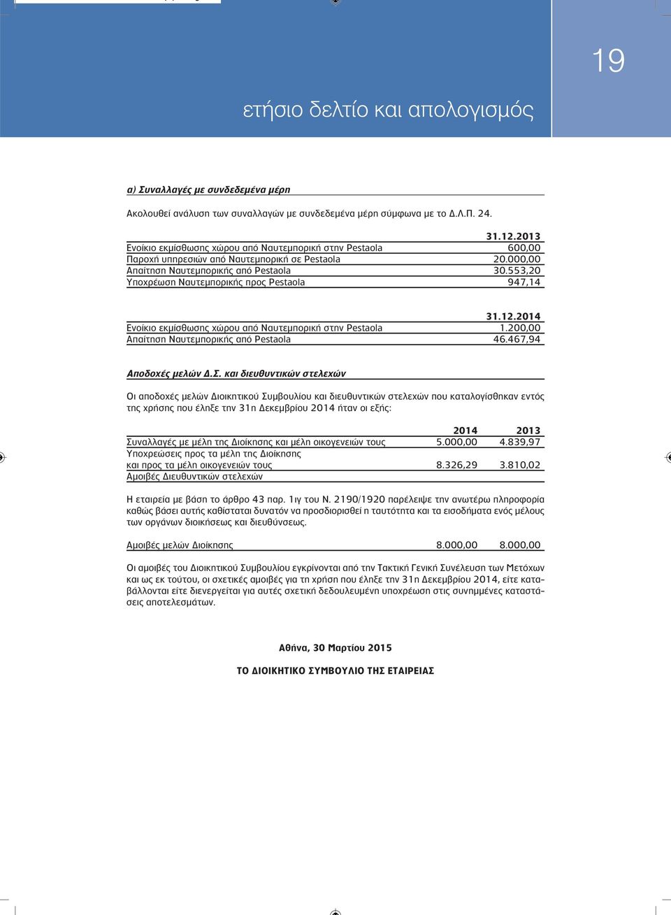 553,20 Υποχρέωση Ναυτεμπορικής προς Pestaola 947,14 31.12.2014 Ενοίκιο εκμίσθωσης χώρου από Ναυτεμπορική στην Pestaola 1.200,00 Απαίτηση Ναυτεμπορικής από Pestaola 46.467,94 Αποδοχές μελών Δ.Σ.