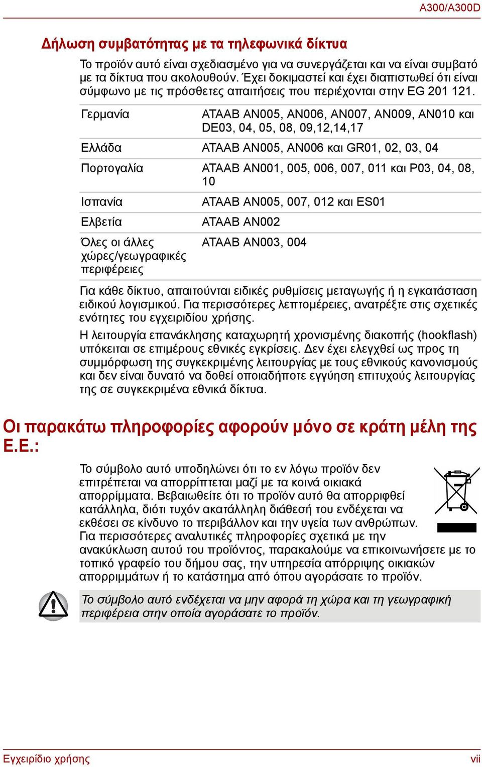 Γερμανία ATAAB AN005, AN006, AN007, AN009, AN010 και DE03, 04, 05, 08, 09,12,14,17 Ελλάδα ATAAB AN005, AN006 και GR01, 02, 03, 04 Πορτογαλία ATAAB AN001, 005, 006, 007, 011 και P03, 04, 08, 10